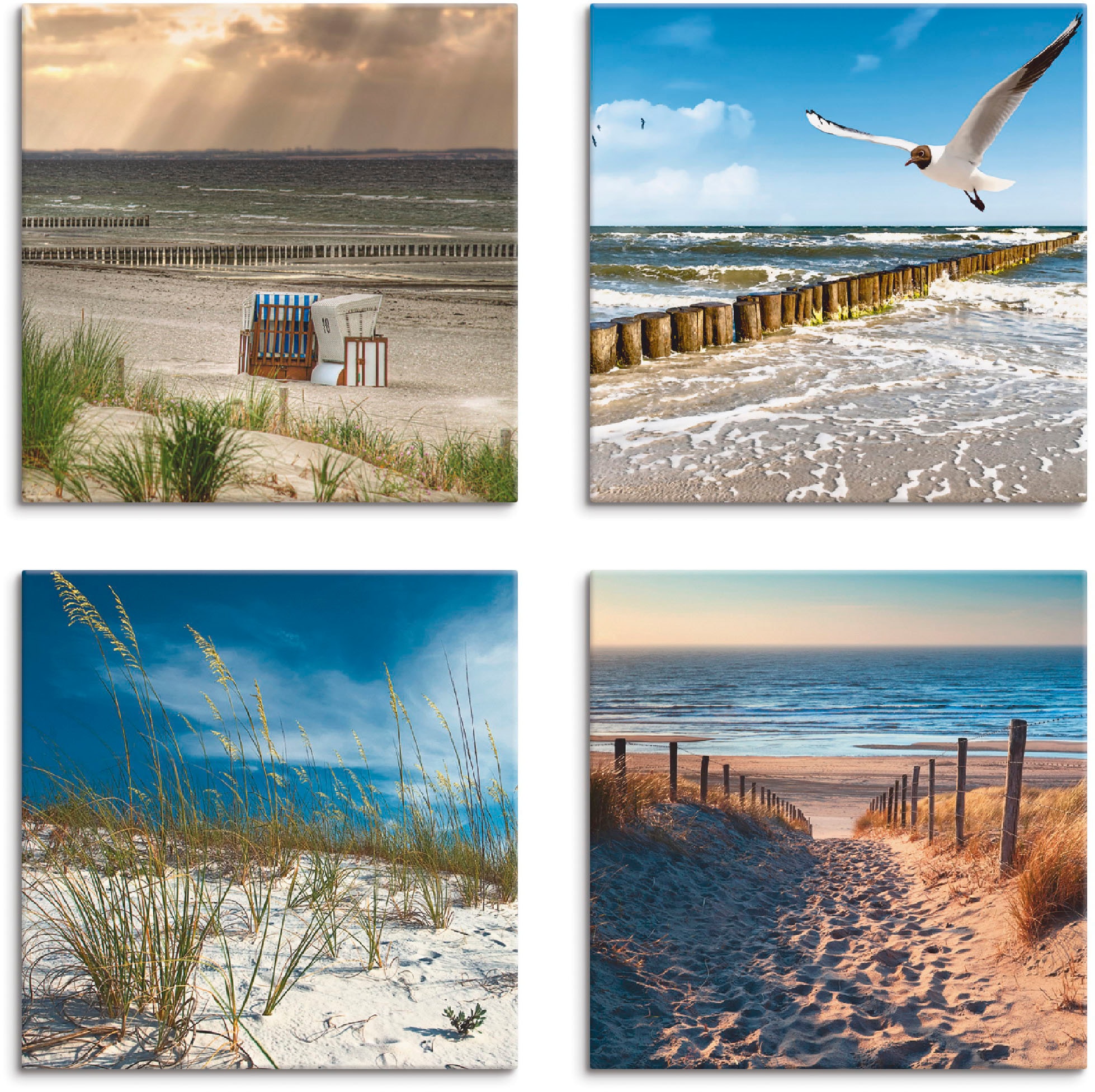 Artland Leinwandbild "Einsamer Strand Ostsee Sanddüne Gräser" Strand 4 Stk. günstig online kaufen