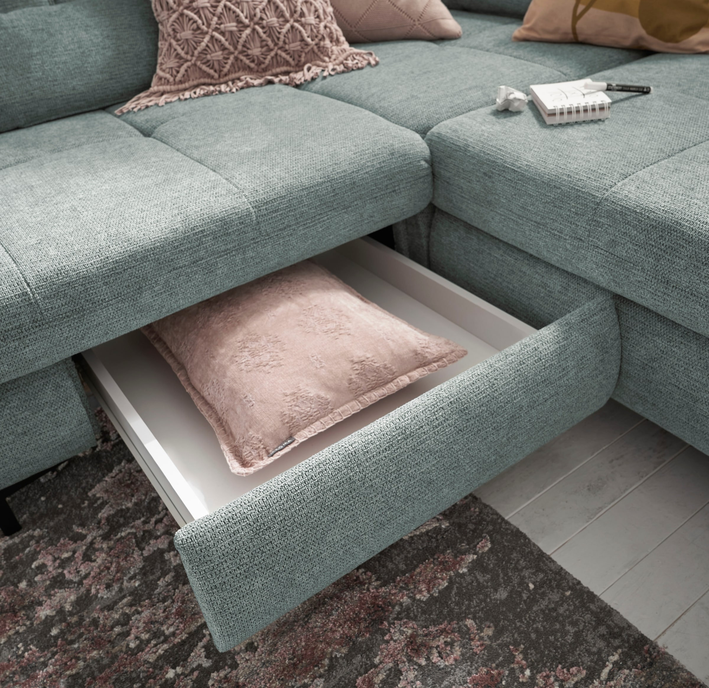 set one by Musterring Ecksofa »SO 3400 Sitzhöhe 47cm oder 49cm, Sitztiefe verstellbar, B/T 317/220 cm«, Kaltschaumpolsterung, Flachgewebe, whlw. mit Funktionen, Sitzhöhe 47