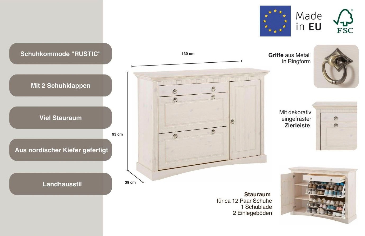 Thumbnail - OTTO home Schuhkommode "Rustic" Bis max. Schuhgröße 42, aus massiver Kiefer, Breite 130 cm, für ca. 2 x 12 Paar Schuhe
