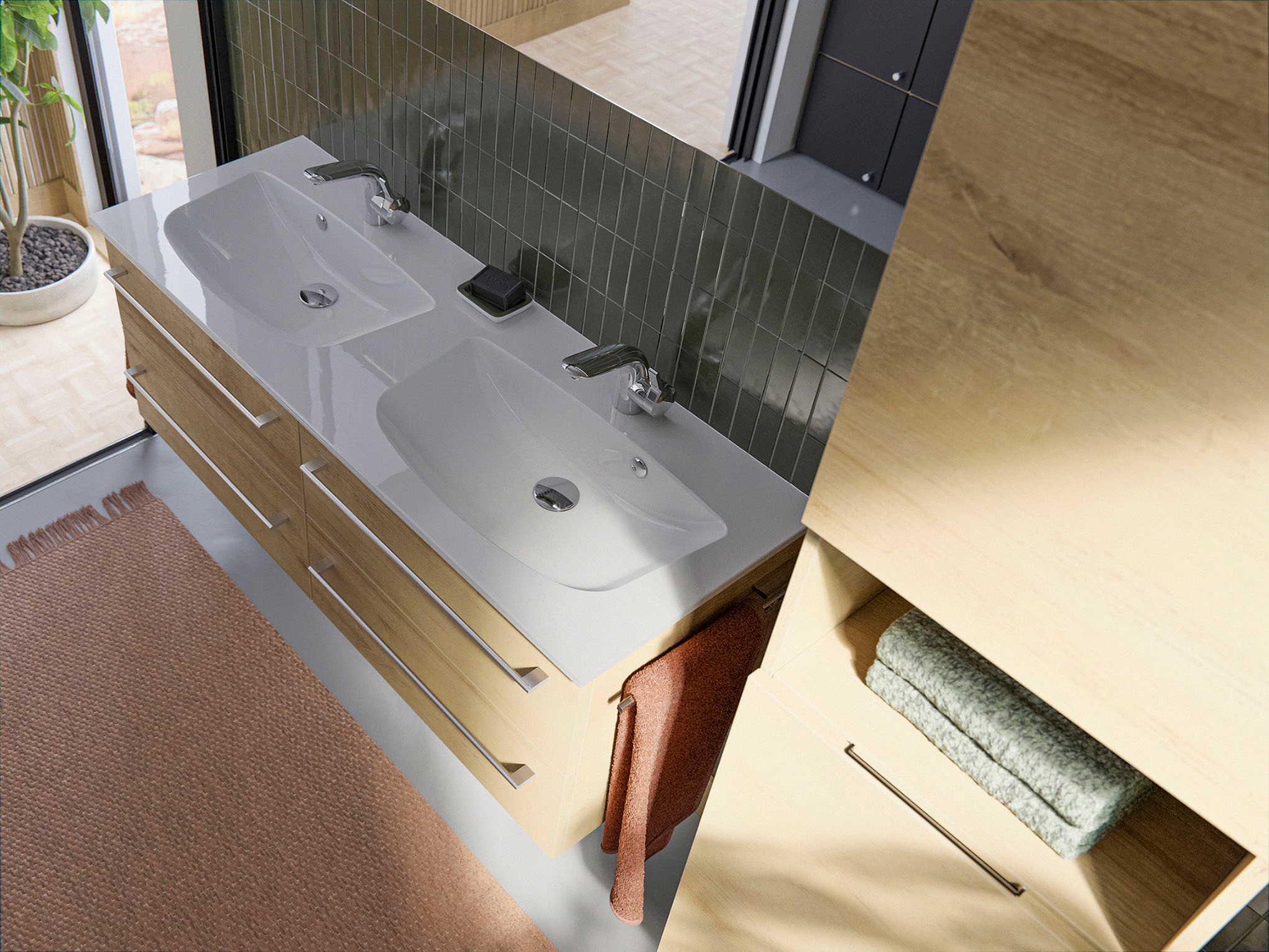 Saphir Waschtisch »Serie 6025 Mineralmarmor-Waschtisch mit Unterschrank, 132 cm breit«, Doppel-Waschplatz mit 4 Schubladen, hängend, verschiedene Ausführungen