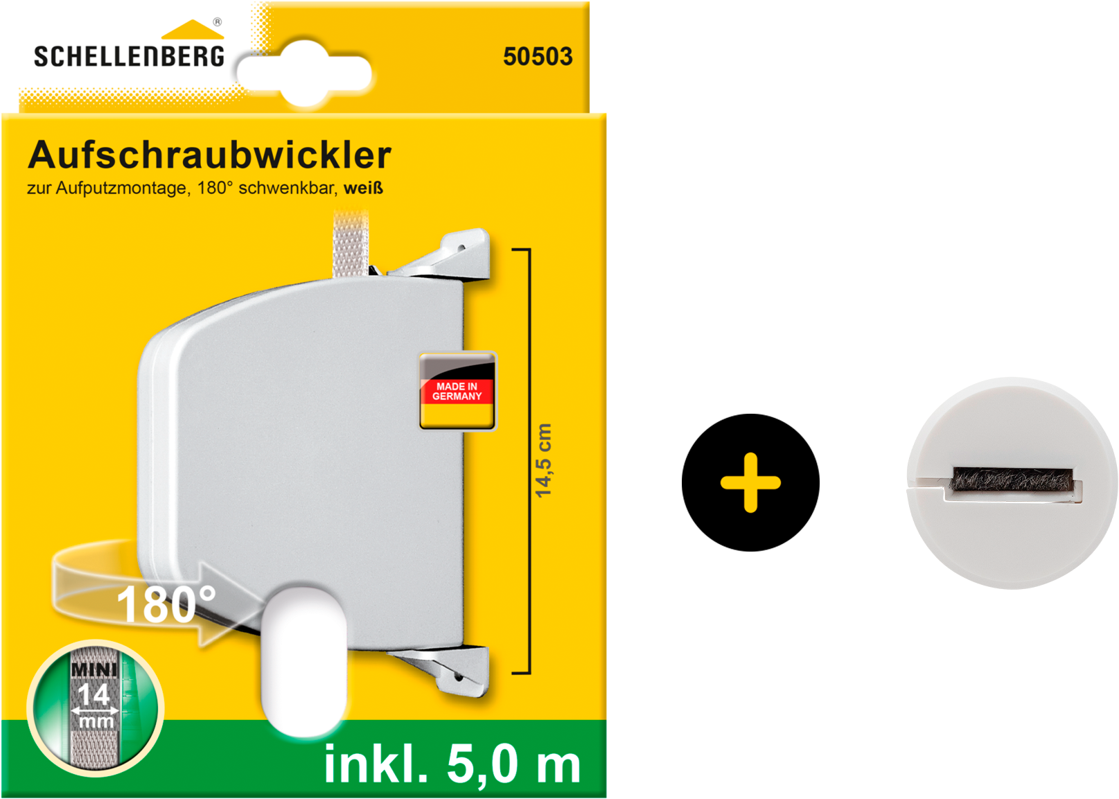SCHELLENBERG Aufputz-Gurtwickler "Aufschraubwickler für das Rollladensystem Mini, inkl. Gurtführung", 1 tlg., weiß, Gurtwickler, 180 schwenkbar, mit