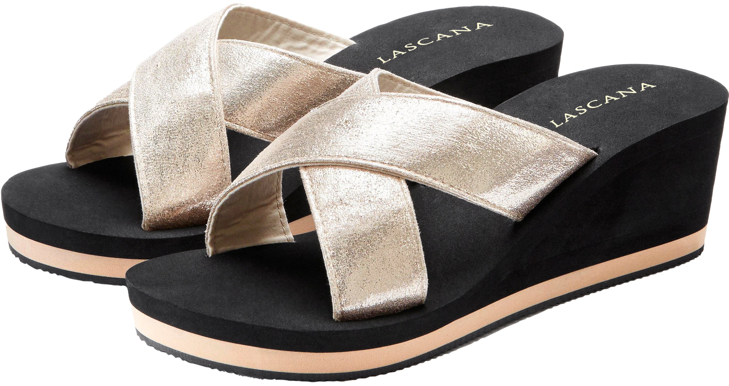 LASCANA Badepantolette "Badeschuhe, Flip Flop, Badelatsche, Sandale" Pantolette mit Keilabsatz und Metallic-Optik VEGAN