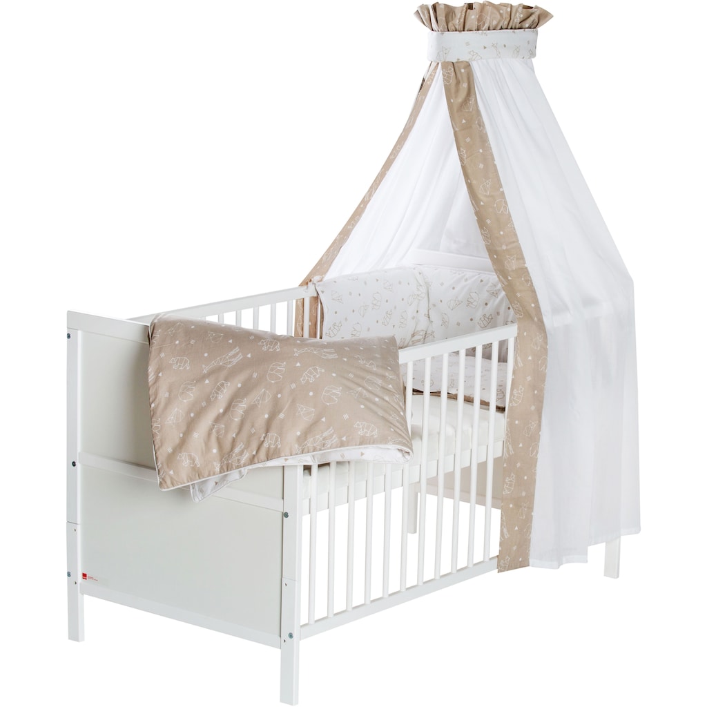 Schardt Babybett »Lenny, Origami Beige«, umbaubar zum Juniorbett, Bettwäsche, Nestchen, Himmel, Himmelstange