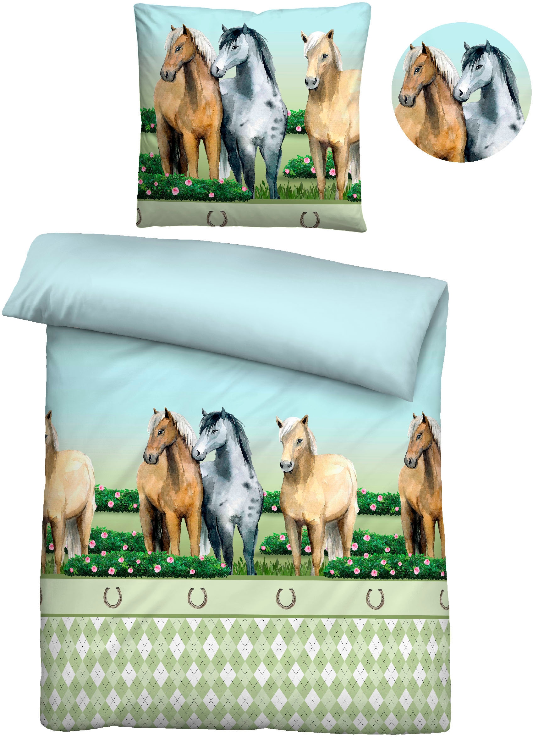 Biberna Kinderbettwäsche »Pferde«, 135/200+80/80 cm, atmungsaktiv, 100% Baumwolle, Reißverschluss