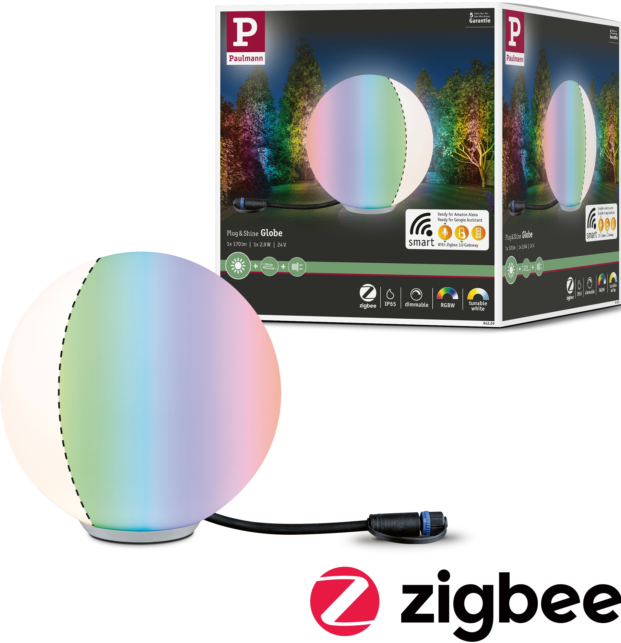 LED Kugelleuchte PAULMANN, Ø:20cm, weiß, Leuchten, "Plug & Shine", LED-Modul, IP67 RGBW 24V ZigBee