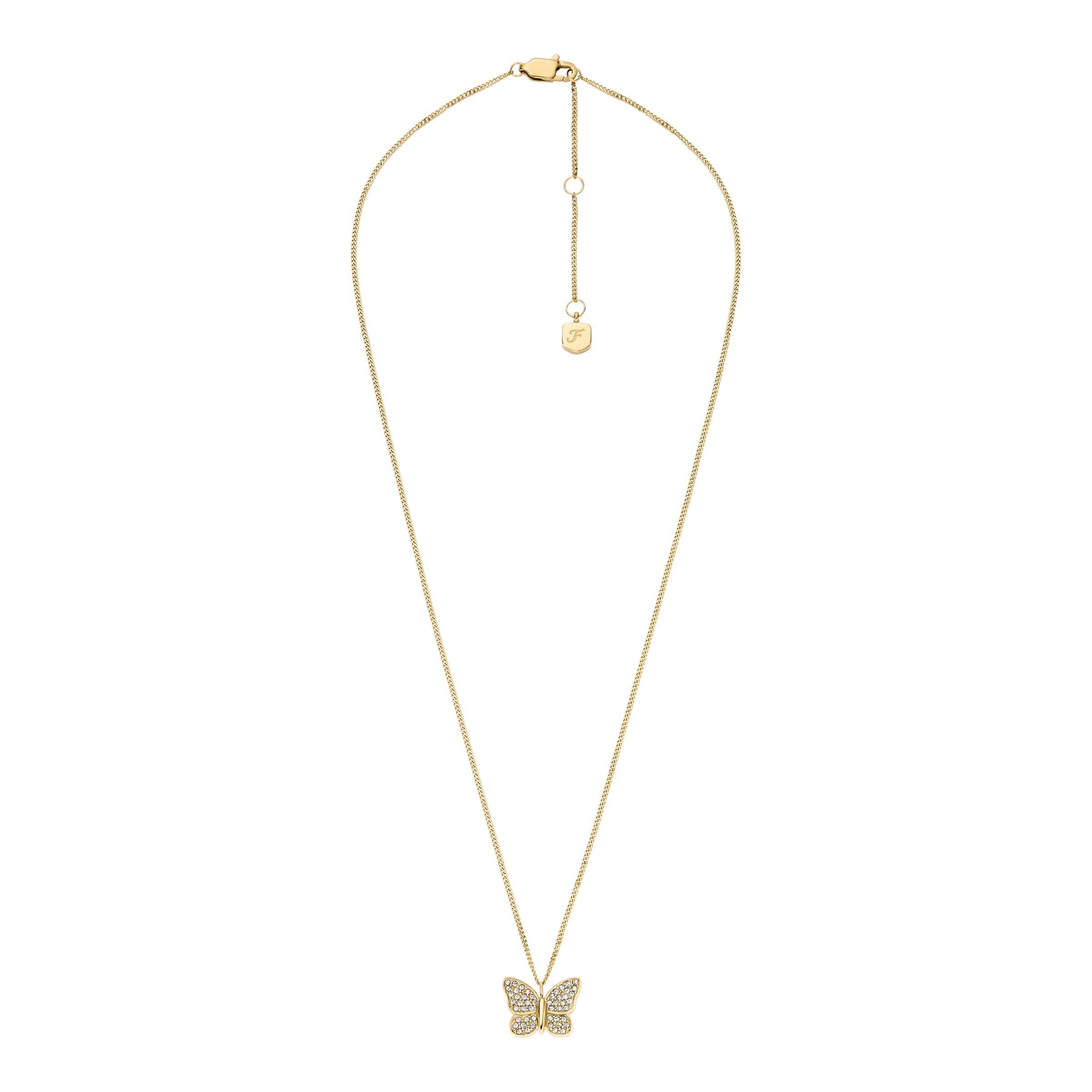 Kette mit Anhänger FOSSIL "Schmuck Geschenk Edelstahl SUTTON Schmetterling", gold (gelbgoldfarben, kristallweiß), Halsketten, Damen, Edelstahl, L: 45,5 B: 1mm, mit Glasstein, B:1mm 3