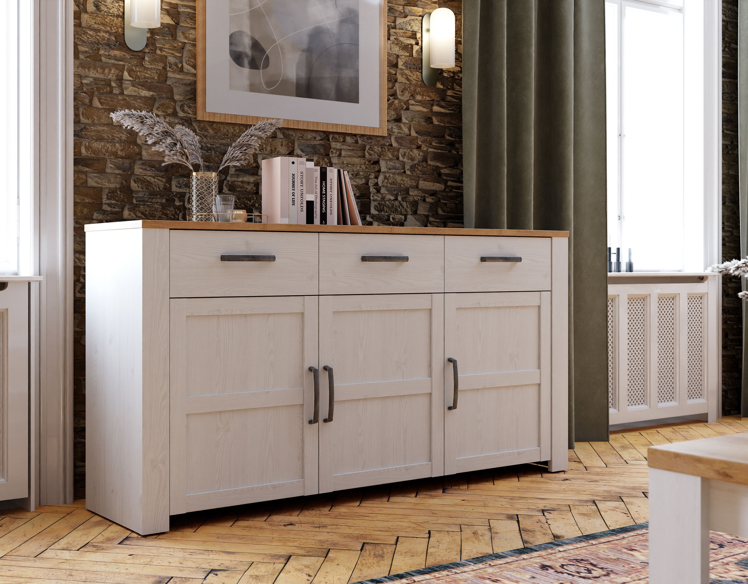 Buffet Bohol Furniture To Go 3 portes 3 tiroirs Riviera Chêne/Blanc 166,1 x 42 x 87 cm