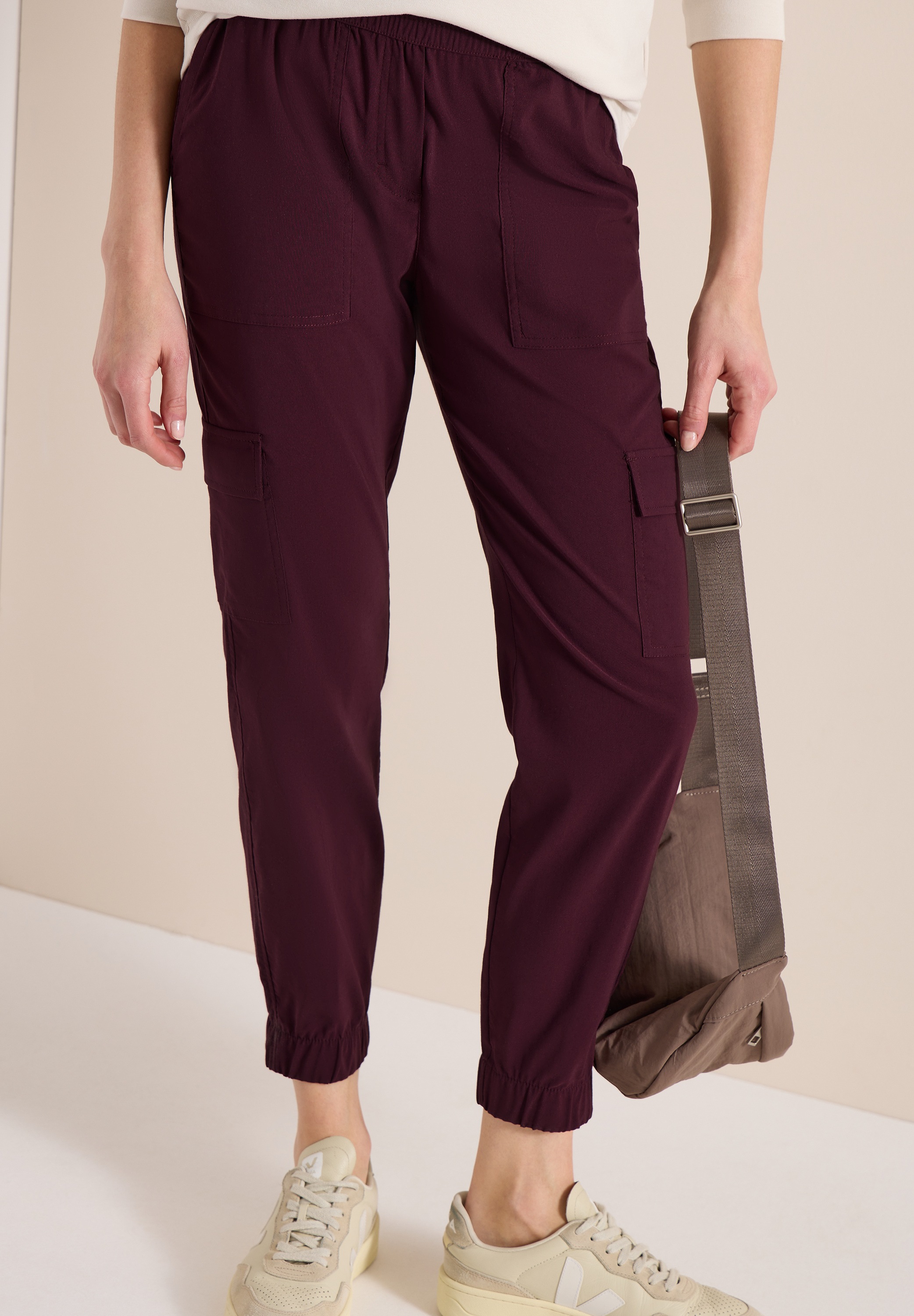 Cargohose CECIL, Damen, Gr. XXL, Länge 28, grape rot, Web, 66% Baumwolle, 30% Polyester, 4% Elasthan, unifarben, loose fit knöchelfrei, Hosen Cargohose, im Loose Fit
