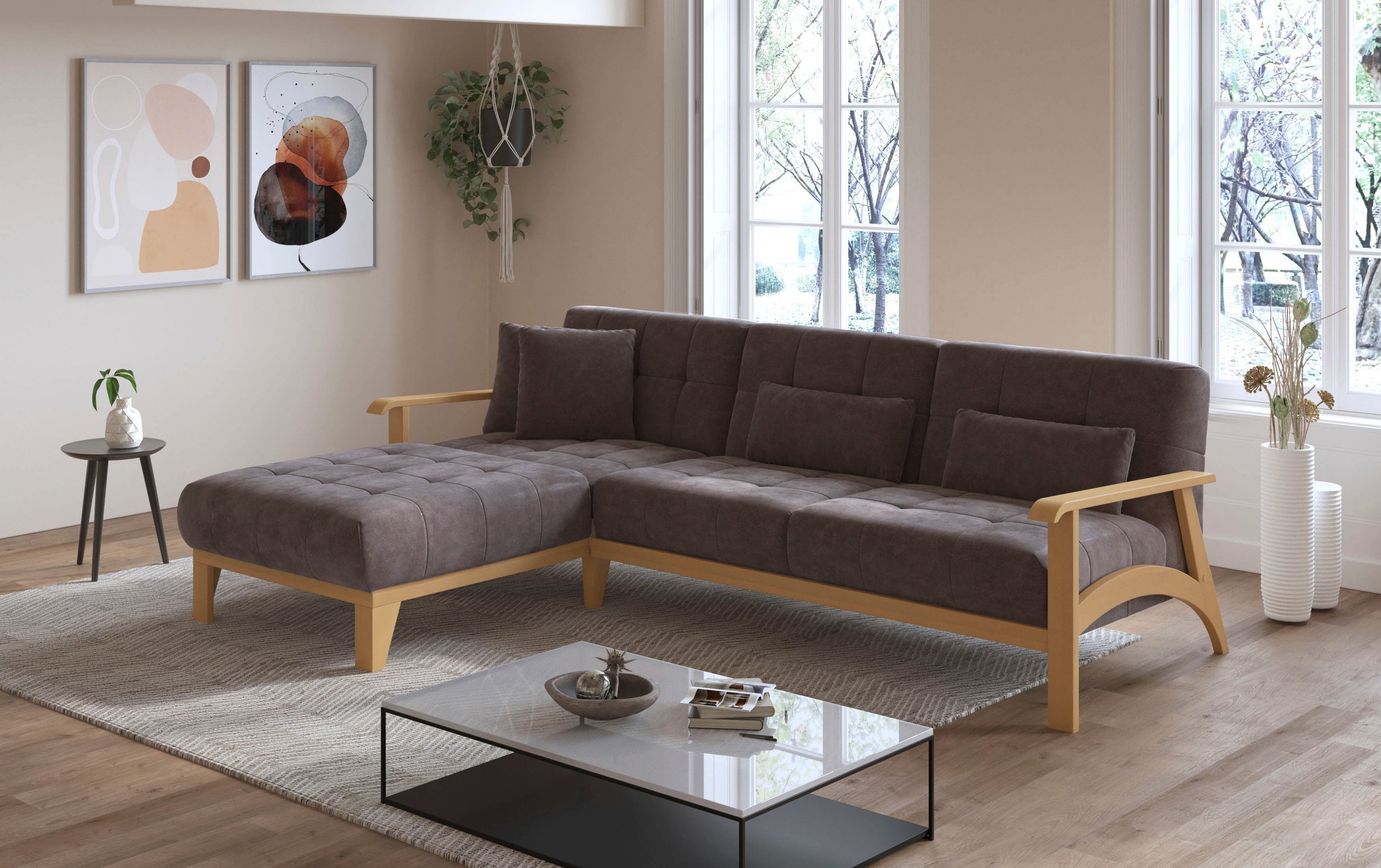 sit&more Ecksofa »Billund L-Form«, Armlehnen aus eichefarbigem Buchenholz, verschiedene Bezüge und Farben
