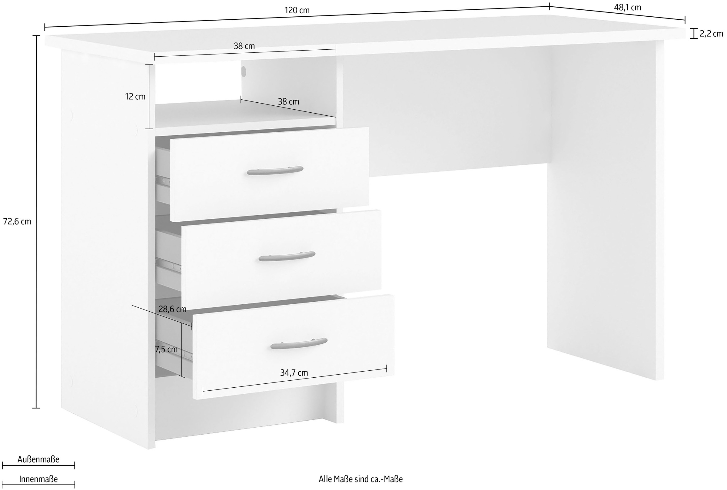 Home affaire Schreibtisch »Function Plus, Arbeitstisch, Bürotisch«, mit 3 Schubladen, Breite 120 cm, Tiefe 48 cm