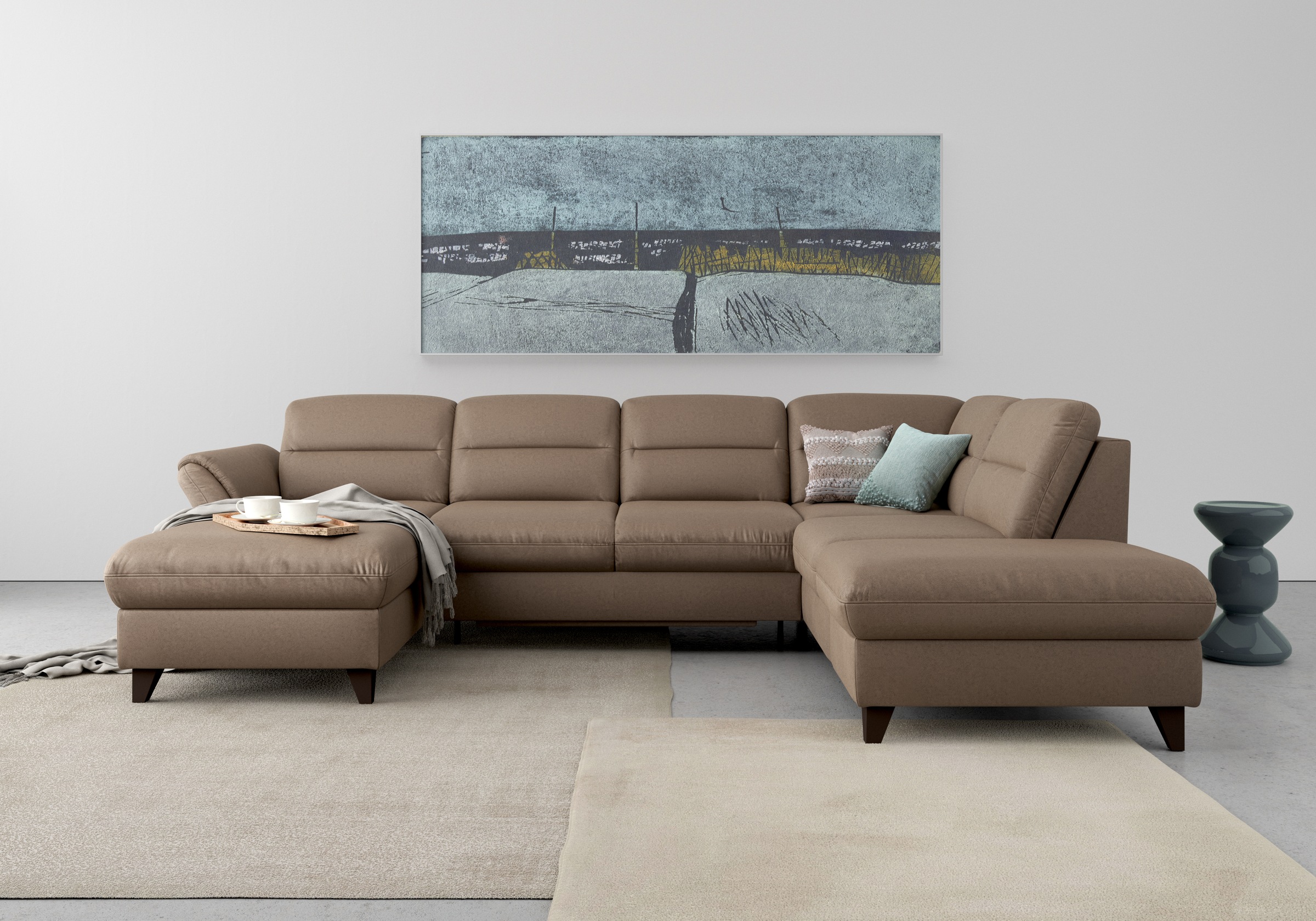 Wohnlandschaft SIT & MORE "Mellum U-Form", braun (nuss), B:306cm H:87cm T:212cm, 100% Polyester, Sofas, Wohnlandschaft, Federkern, wahlweise mit Bettfunktion, Stauraum und Armteilfunktion 7