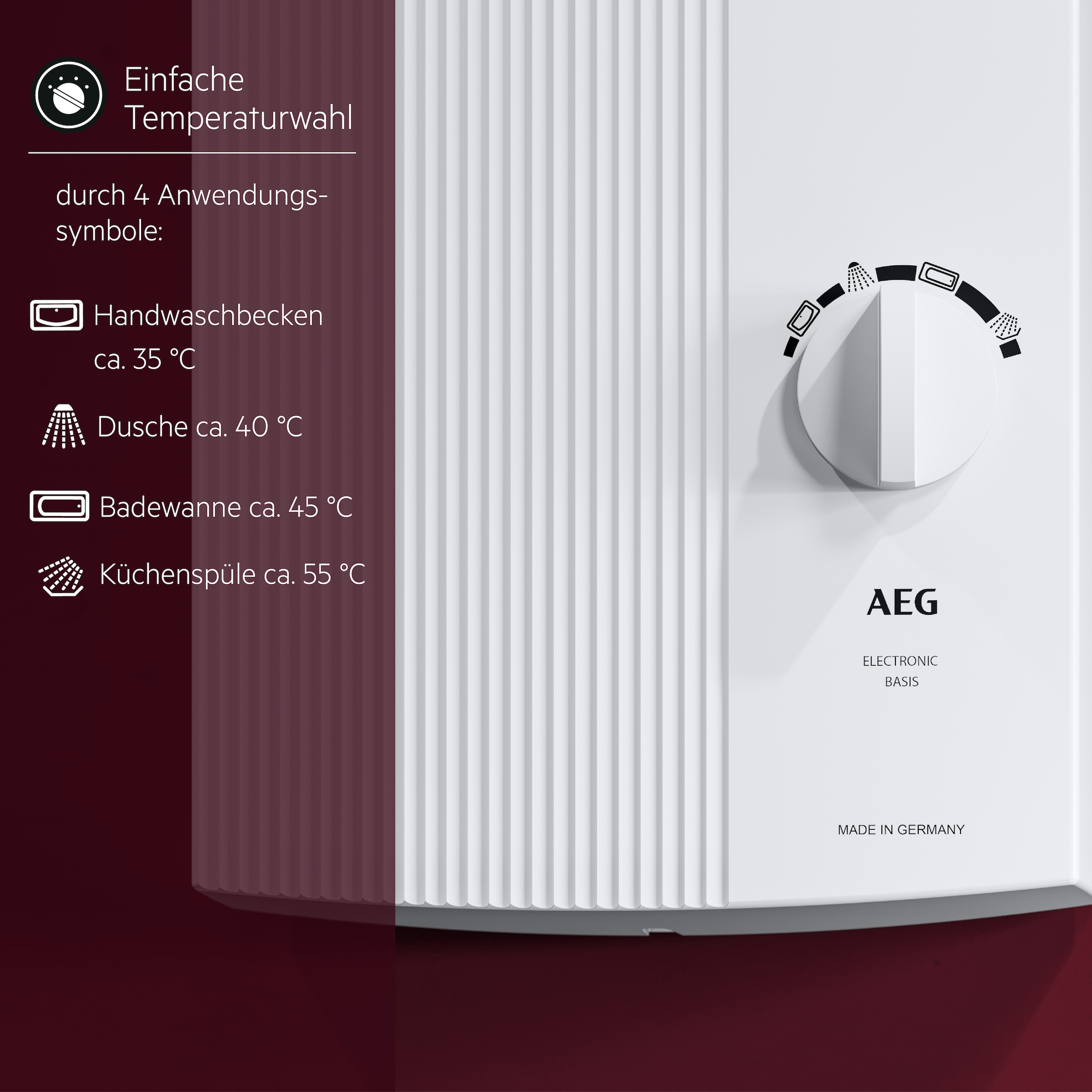 AEG Haustechnik Komfort-Durchlauferhitzer »DDLE Basis« 18 kW, stufenlose Temperaturwahl durch 4 Anwendungssymbole