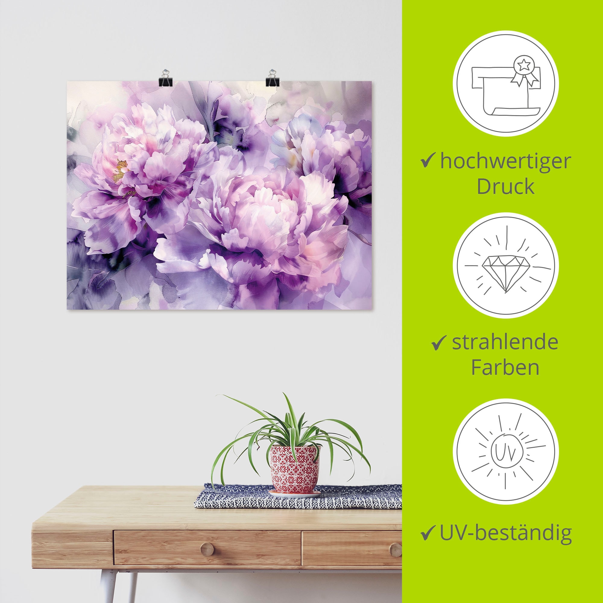 Artland Wandbild »Lila Farbene Pfingstrosen Aquarell« 1 Stk. tlg. als Alubild, Leinwandbild, Poster, Wandaufkleber in verschied. Größen