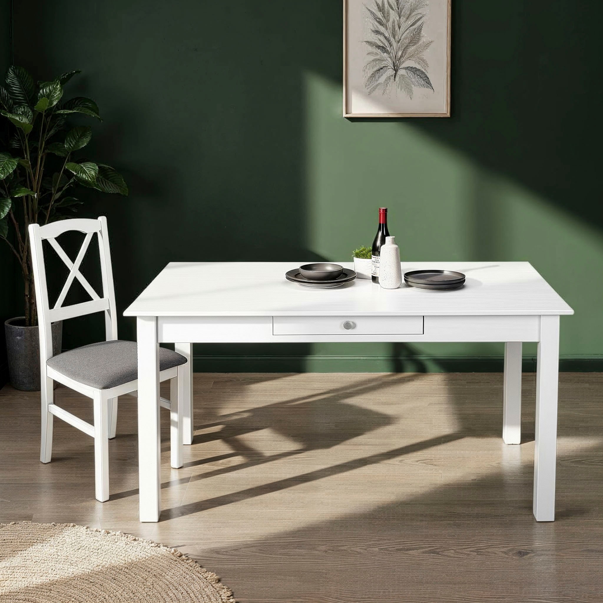Inter Link Esstisch »Pinora aus massiver Kiefer, weiss lackiert, 145 x 80 x 78 cm« 1 Stk. tlg. Esszimmertisch im modernem Skandi Look, mit Schublade