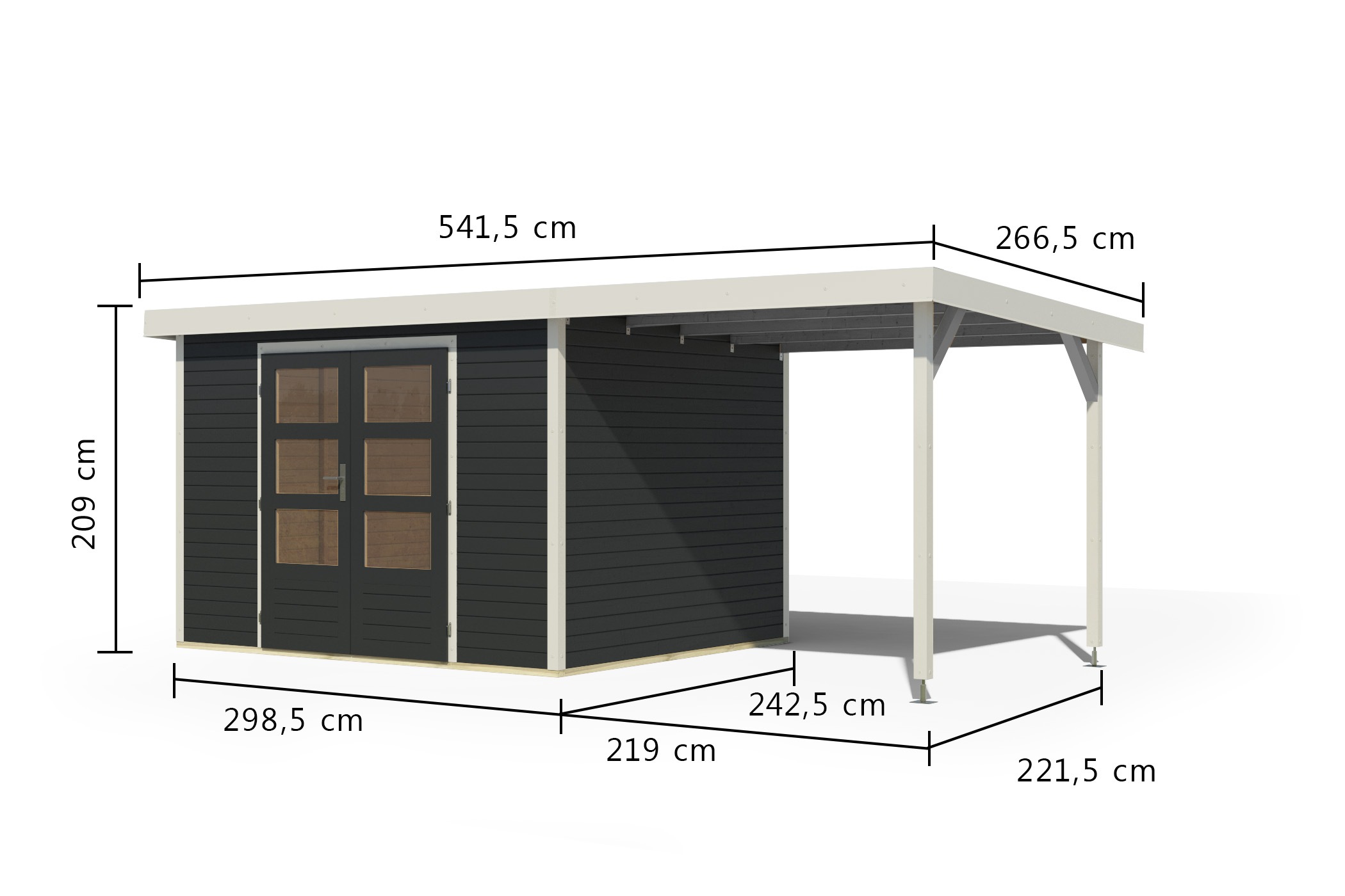 Karibu Gartenhaus »"Jupiter 5 C" SET anthrazit, mit Anbaudach 2,35 m breit«, hochwertige Materialien: nordische Fichte, Stahlecken, Trapezblechdach
