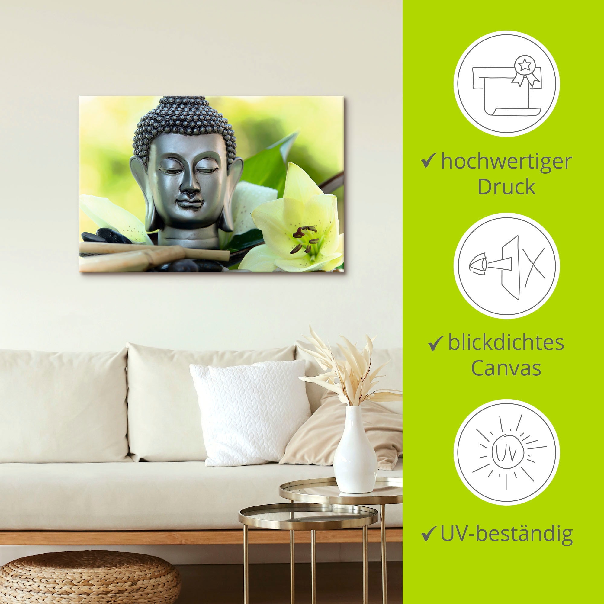 Artland Wandbild »Entspannung und Ruhe mit Buddha«, Buddhismus, (1 St.), als Alubild, Outdoorbild, Leinwandbild, Poster, Wandaufkleber