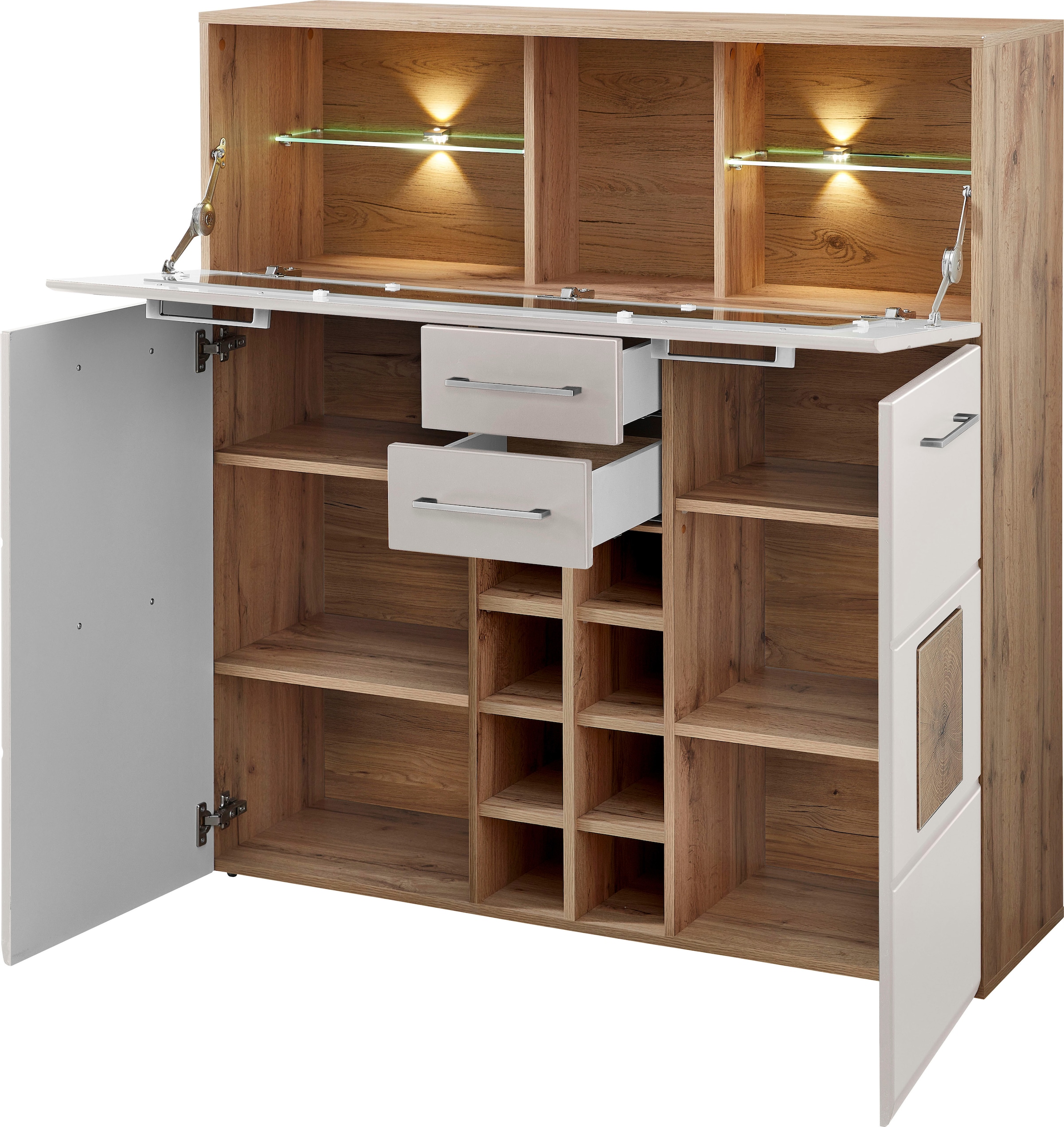 Innostyle Highboard »Barschrank SINFONIE, 120/129/37 cm BxHxT« 1 Stk. tlg. 2 türig, 8 Flaschenfächer, 1 Glasklappe, LED-Beleuchtung, Soft-Close