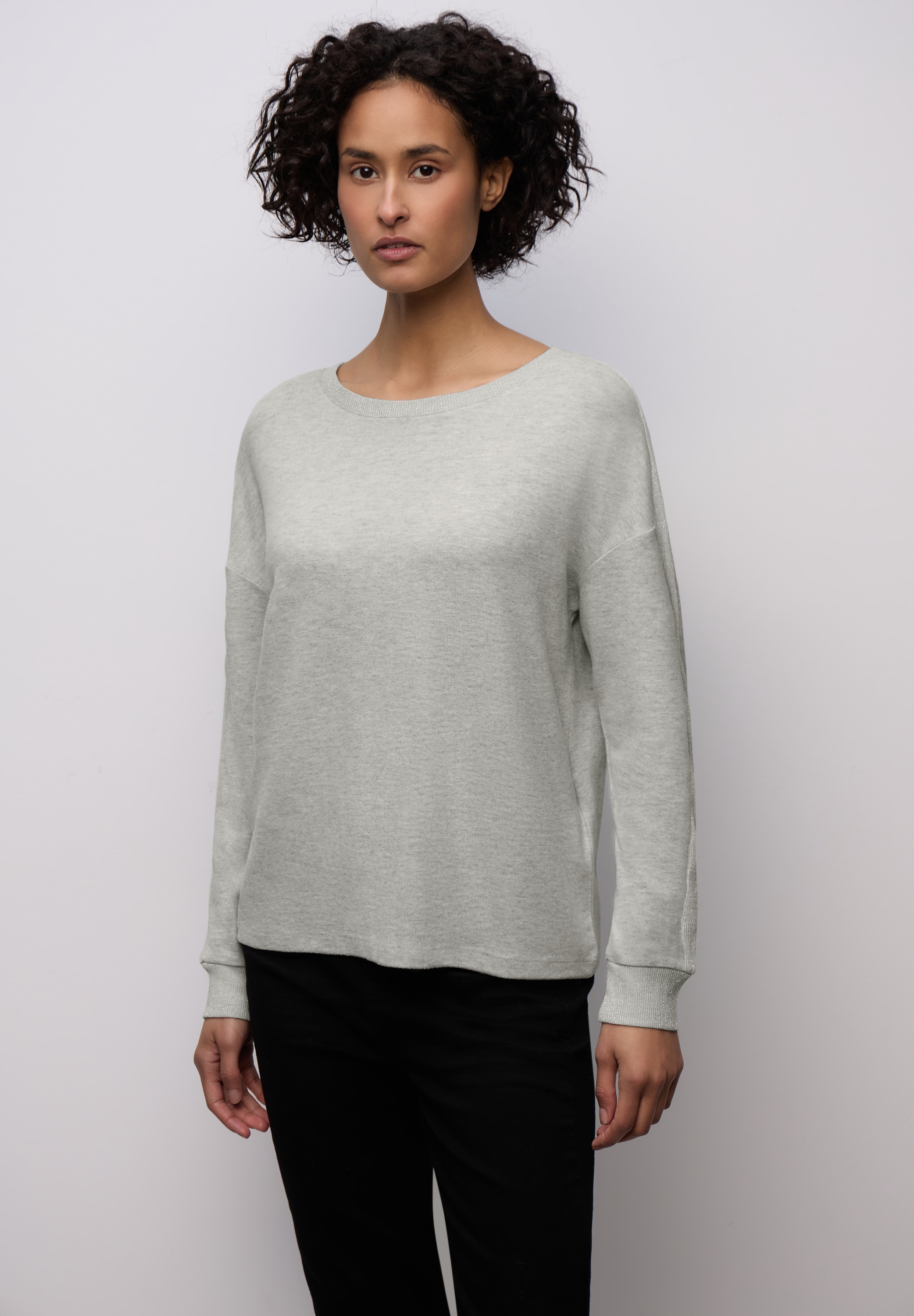 Langarmshirt STREET ONE, Damen, Gr. 42, pelican grau meliert, Stoff, 80% Viskose, 15% Polyester, 5% Elasthan, unifarben, normal normal, U-Boot-Ausschnitt, Rippbündchen, Shirts Langarmshirt, mit Glitzer-Detail 5