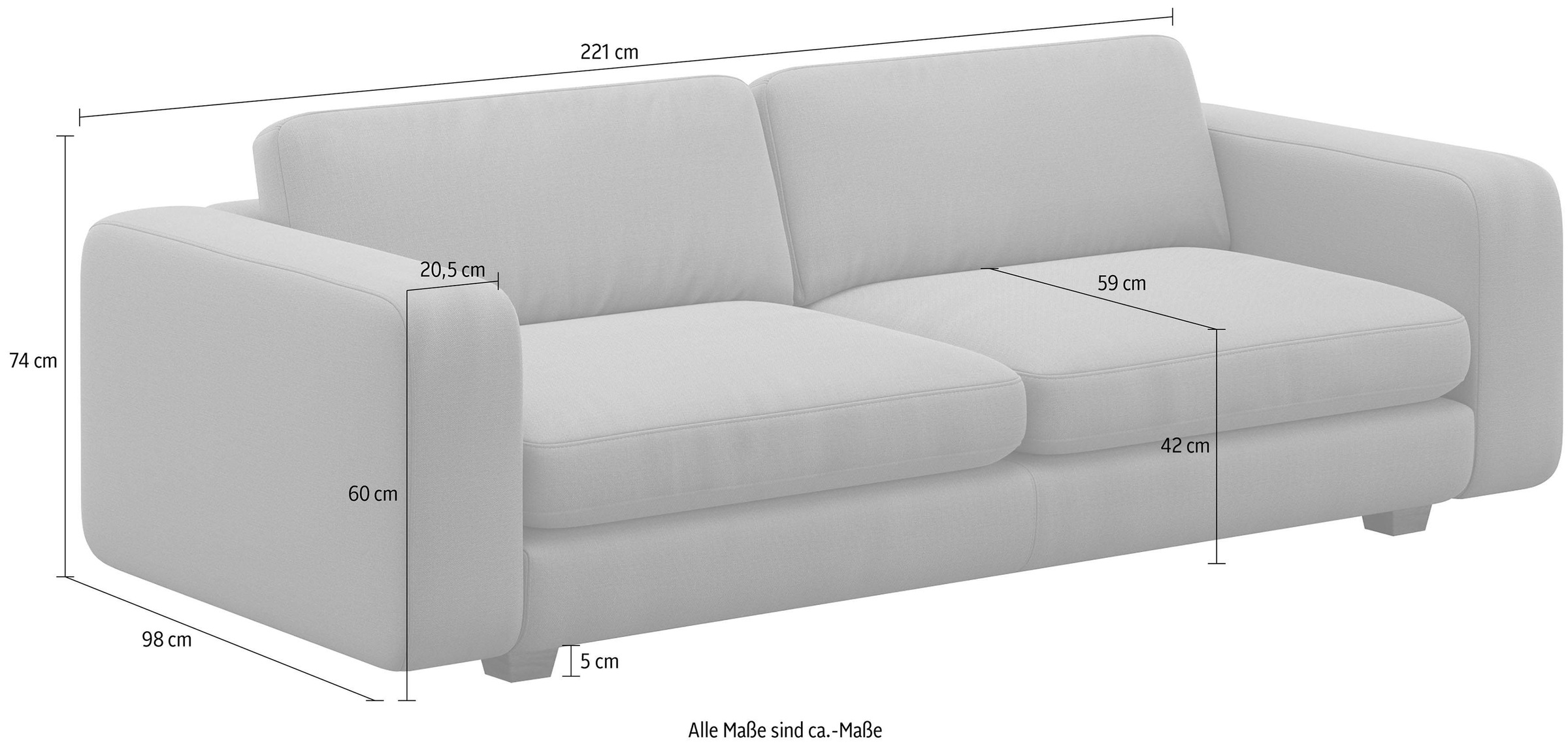 machalke® 3-Sitzer »valentino«, mit breiten Armlehnen, Füße Walnuss, Breite 221 cm
