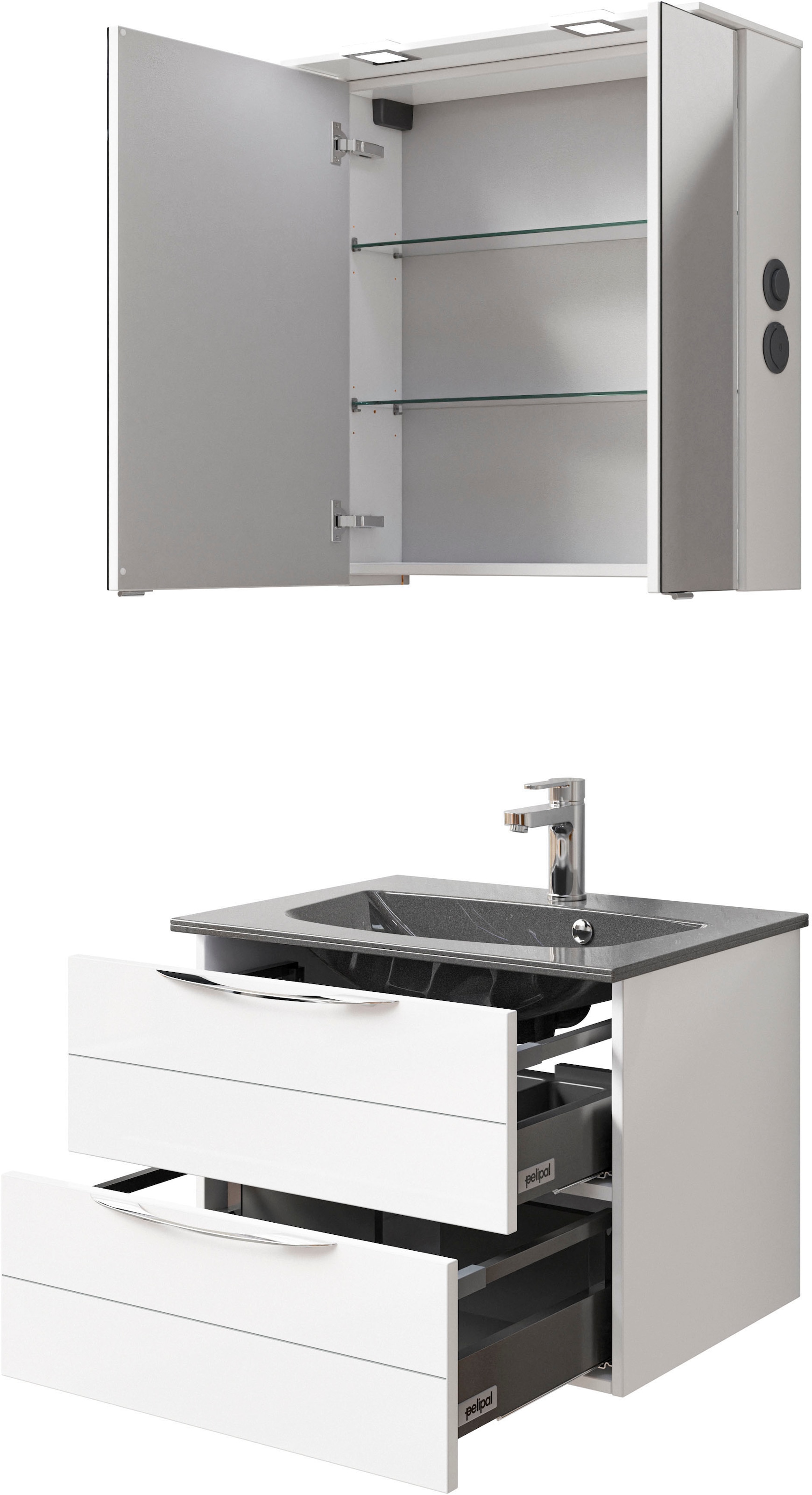 Saphir Badmöbel-Set »Serie 6025 2-teilig Mineralmarmor-Waschtisch mit LED-Spiegelschrank«, (2 St.), Waschplatz 67 cm breit, 2 Schubladen, 2 Spiegel-Türen, inkl Türdämpfer
