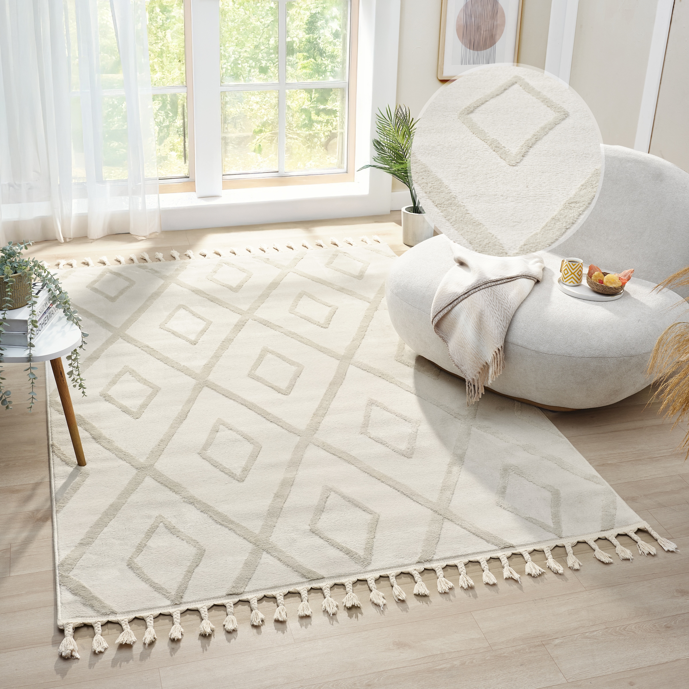 Teppich OTTO HOME "Otilie" Gr. 3, beige (cream), B:120cm H:11mm L:180cm, Kunstfaser, Teppiche, Teppich, dichte Qualität, Woll-Look, Boho, mit Fransen und Rauten, Scandi
