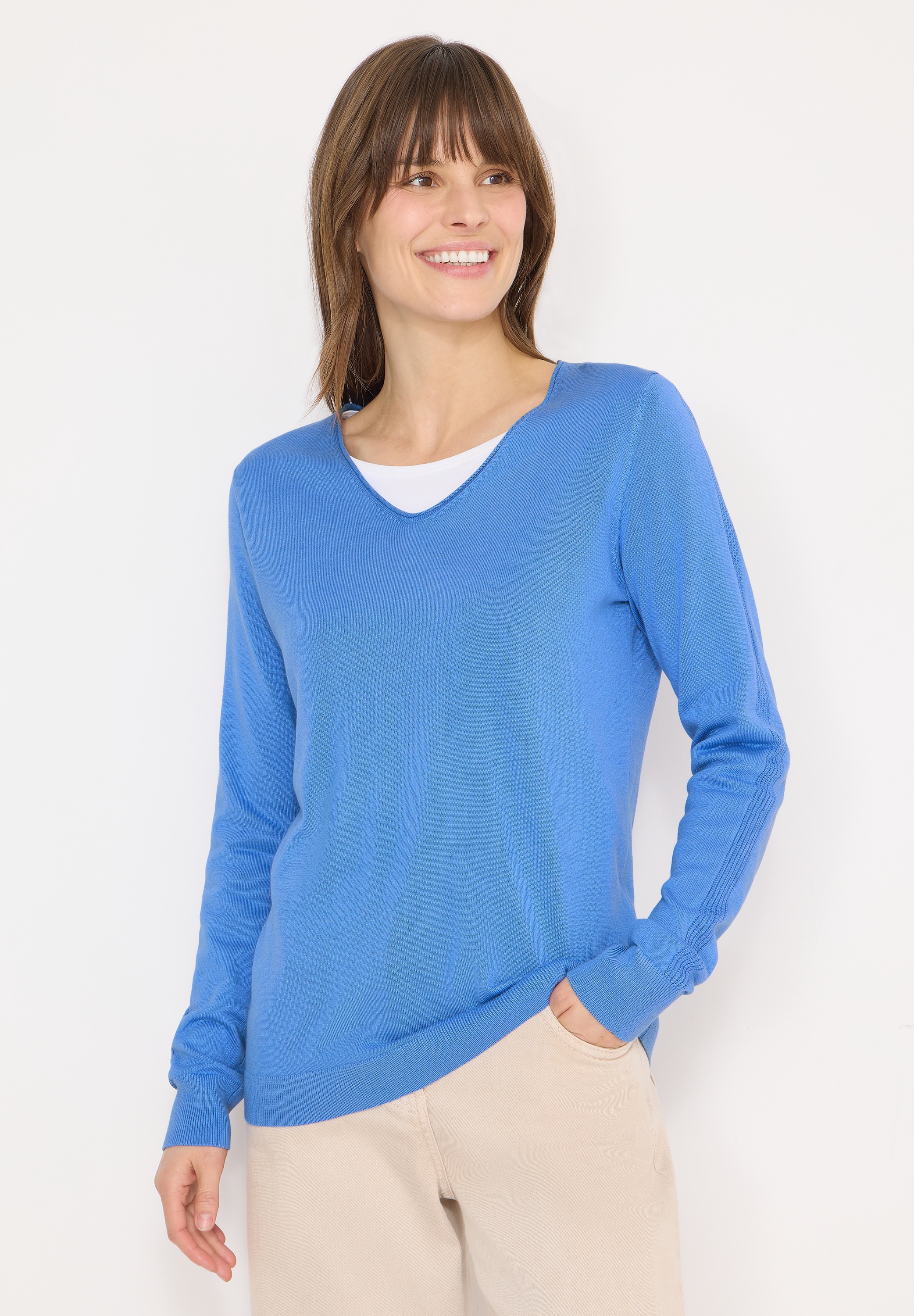 Strickpullover CECIL, Damen, Gr. L (42), fountain blau, Web, 60% Baumwolle, 40% Viskose, unifarben, comfort fit normal, V-Ausschnitt, Rippbündchen, Pullover Strickpullover, im soften Baumwoll-Mix 4