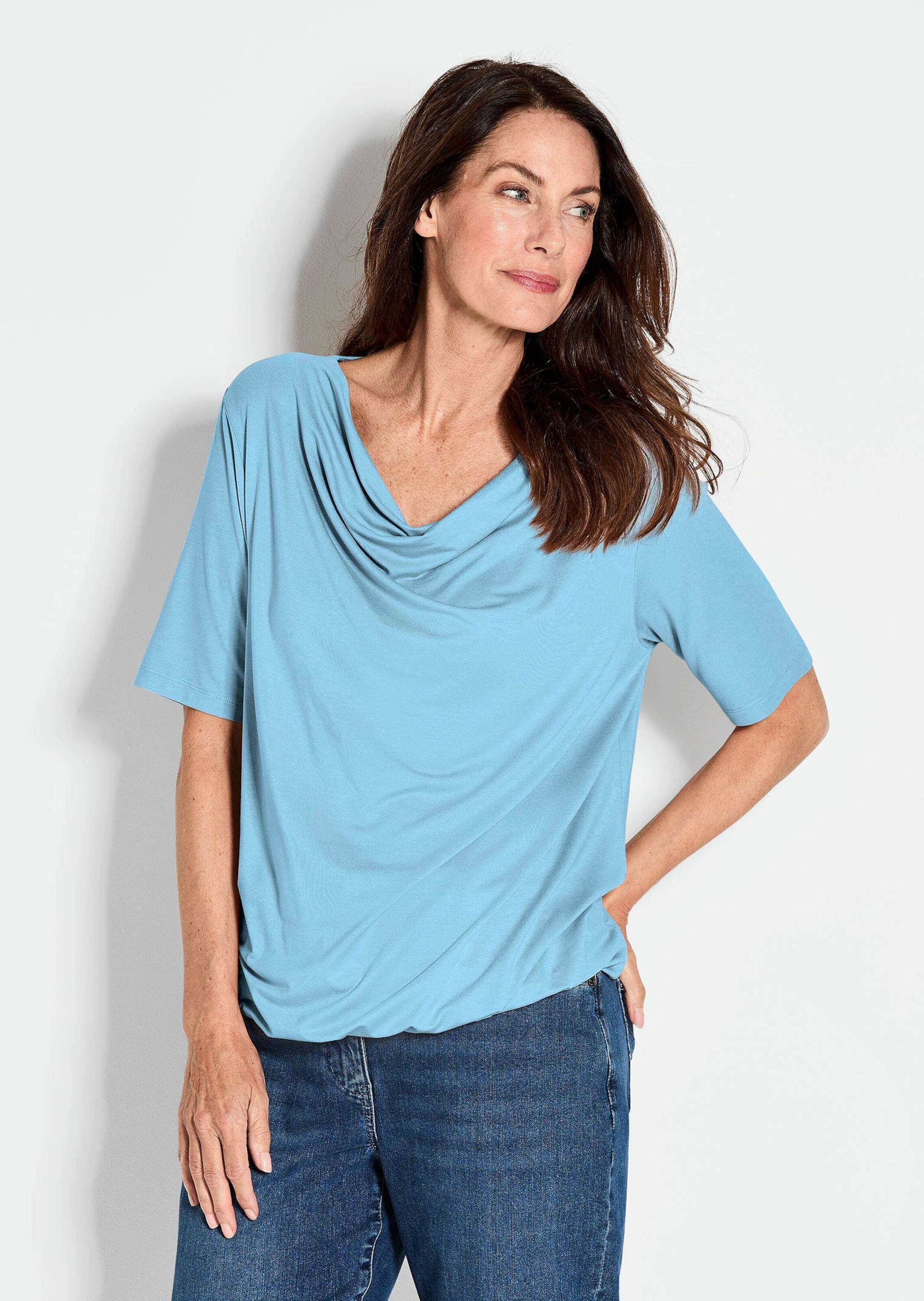 Kurzarmshirt GOLDNER "Kurzgröße Shirt", Damen, Gr. 21, blau (hellblau), Obermaterial: 95% Viskose CV. 5% Elasthan EL., Basic, normal, Gerade, Shirts, Sonstige 2