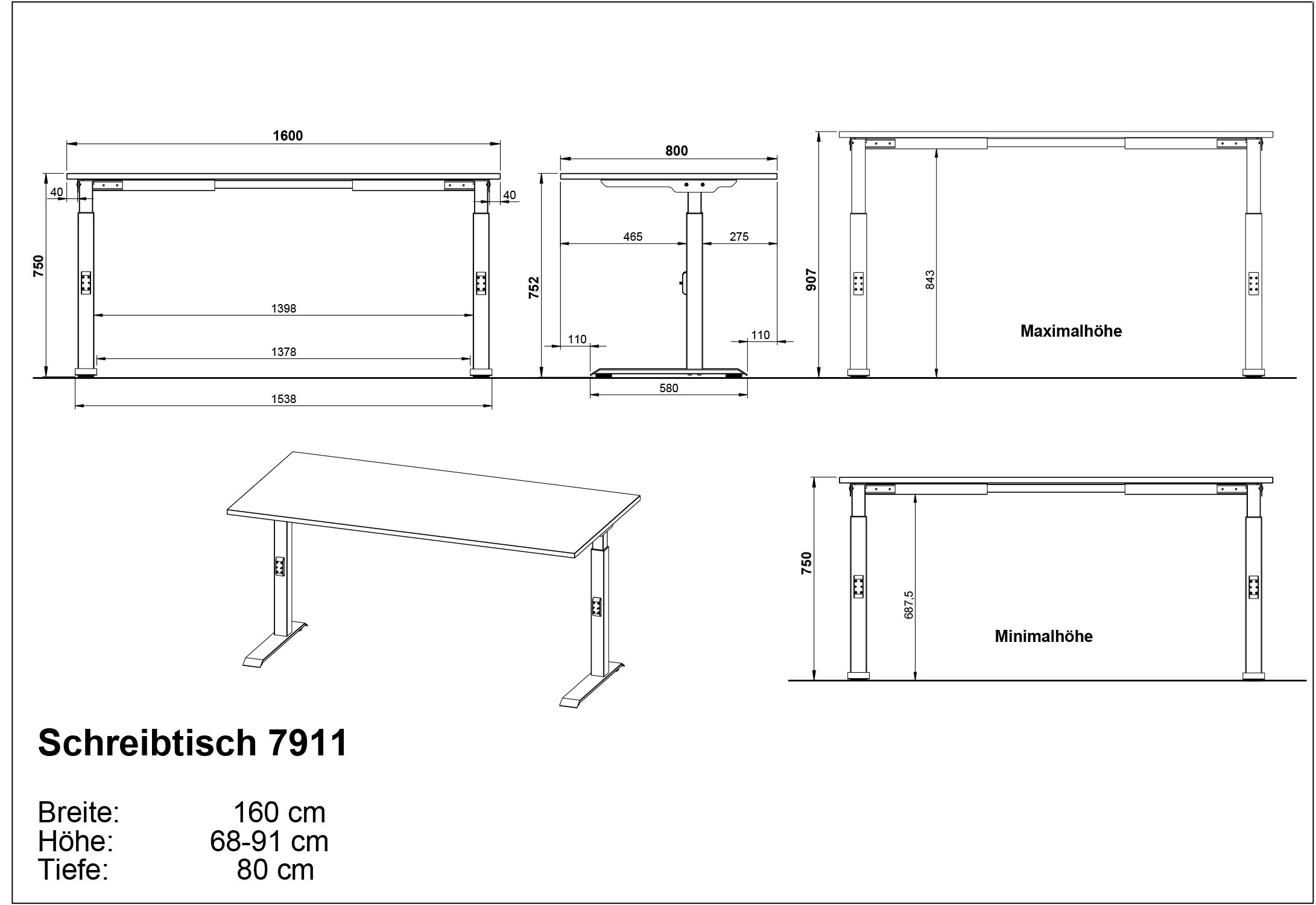 GERMANIA Schreibtisch »Mailand, mechanisch höhenverstellbar,«, in Breitenvariante 120-180 cm, Made in Germany