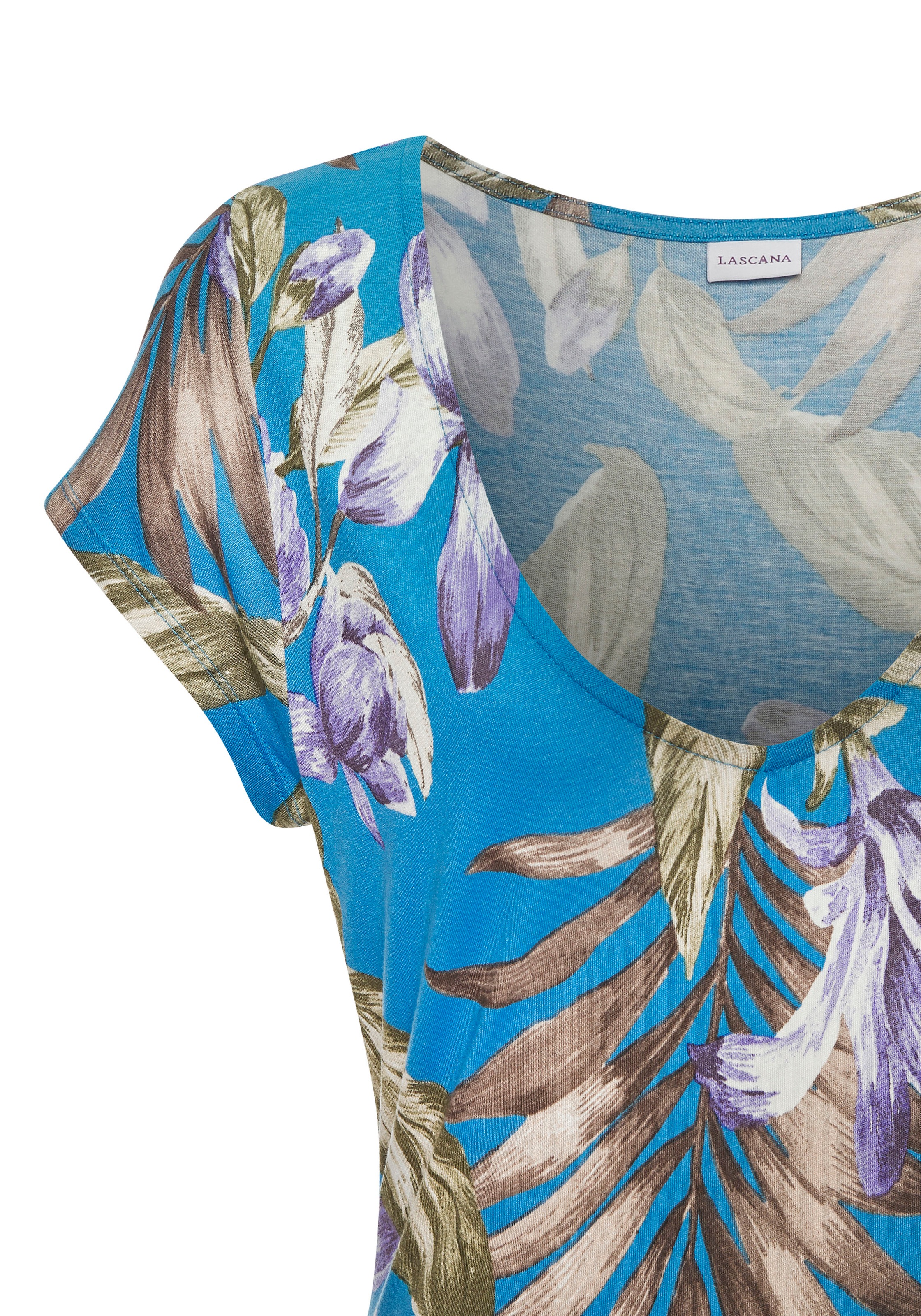 Minikleid LASCANA, Damen, Gr. 44, N-Gr, lila (blau, flieder, grün bedruckt), Jersey, Obermaterial: 100% Viskose, bedruckt, figurumspielend kniefrei, V-Ausschnitt, Kleider Minikleid, mit V-Ausschnitt im Alloverdruck 3