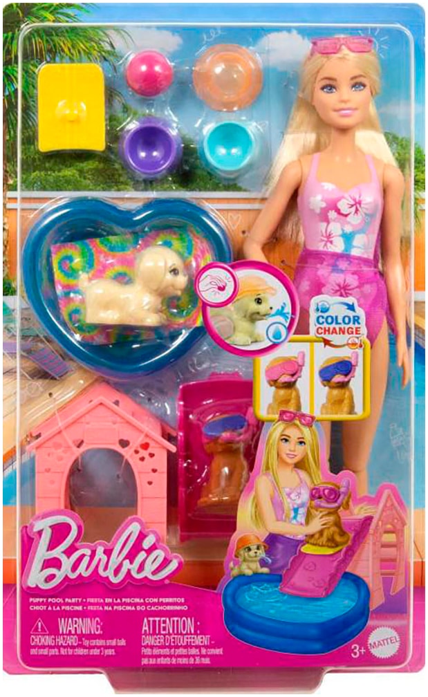 Barbie Anziehpuppe »Barbie Hündchen Pooplparty aloha blond«, Hundeschnorchelbrille mit Farbwechsel