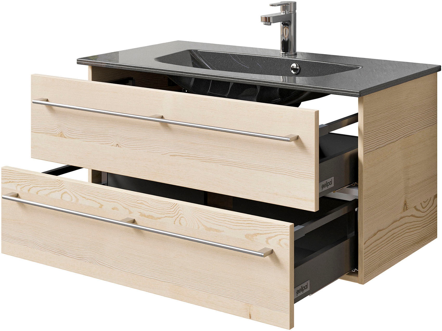 Saphir Badmöbel-Set »Serie 6025 2-teilig Mineralmarmor-Waschtisch mit LED-Spiegelschrank«, (2 St.), Waschplatz 97 cm breit, 2 Schubladen, 3 Spiegel-Türen, inkl Türdämpfer