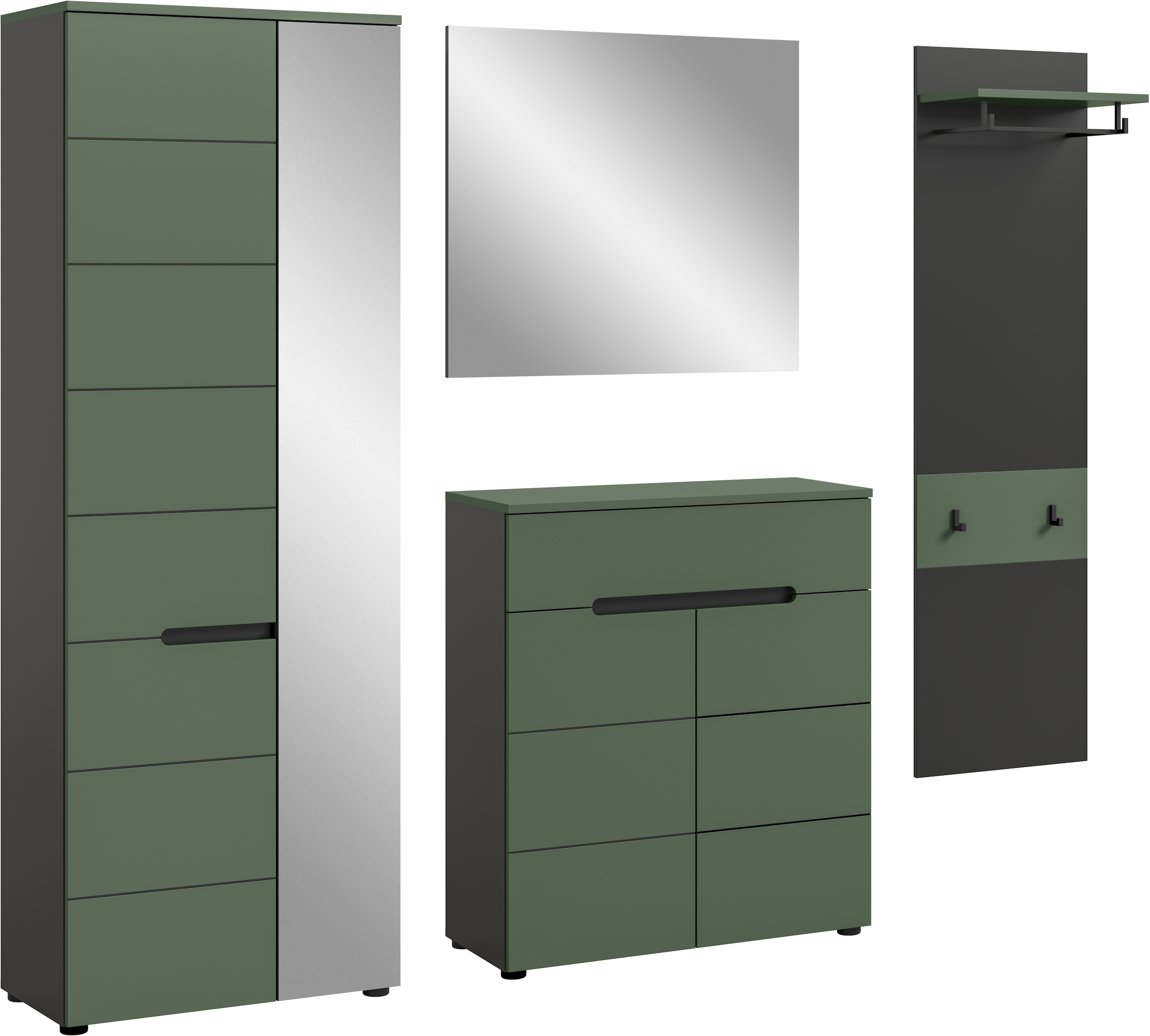 Home affaire Garderoben-Set "REHAT, TOPSELLER, 4-teilig, Breite 220 cm, individuell erweiterbar" Set, bestehend aus: Garderobenschrank, Kommode, Spiegel & Garderobenpaneel, 4 Stk. tlg.