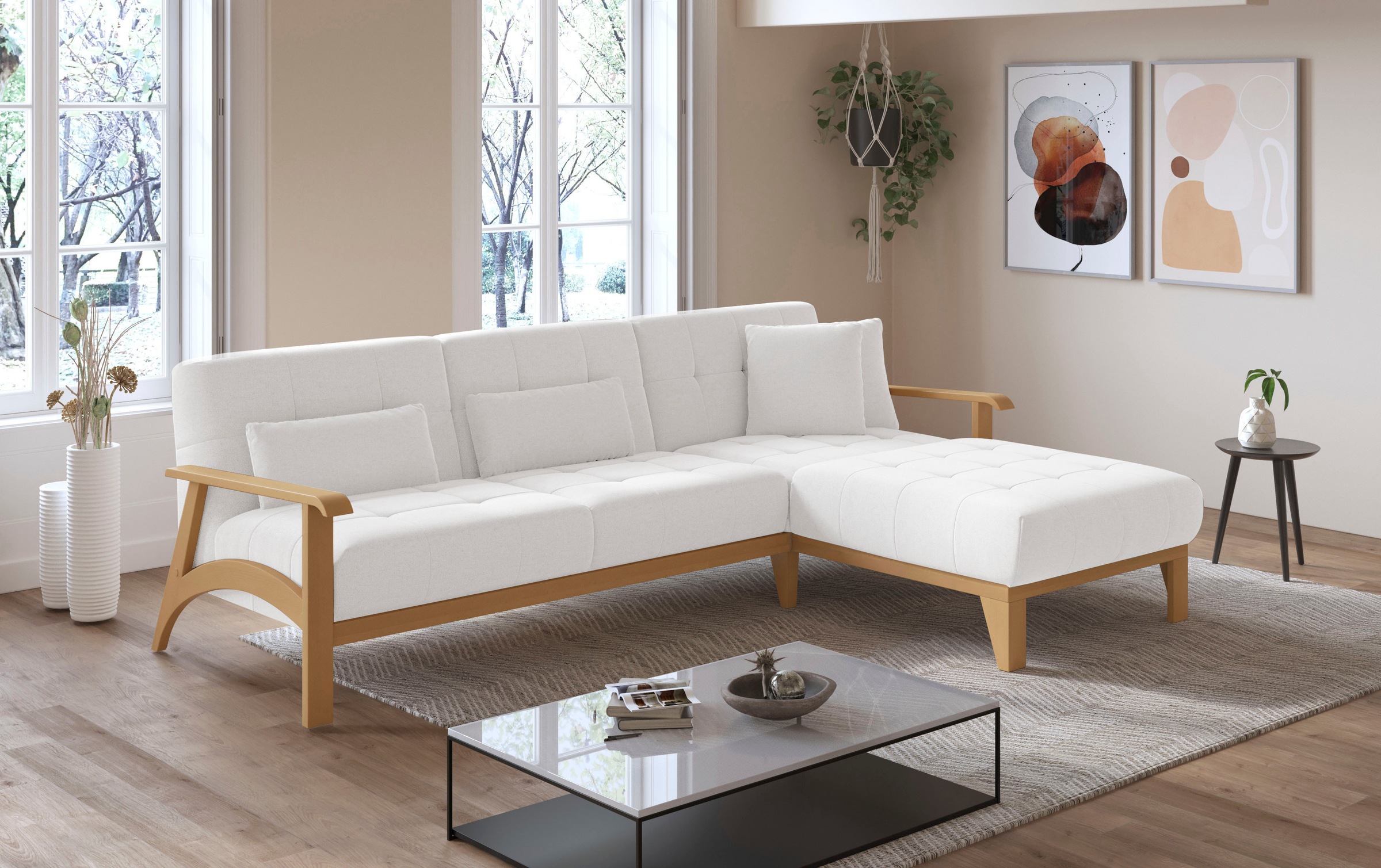 sit&more Ecksofa »Billund L-Form«, Armlehnen aus eichefarbigem Buchenholz, verschiedene Bezüge und Farben