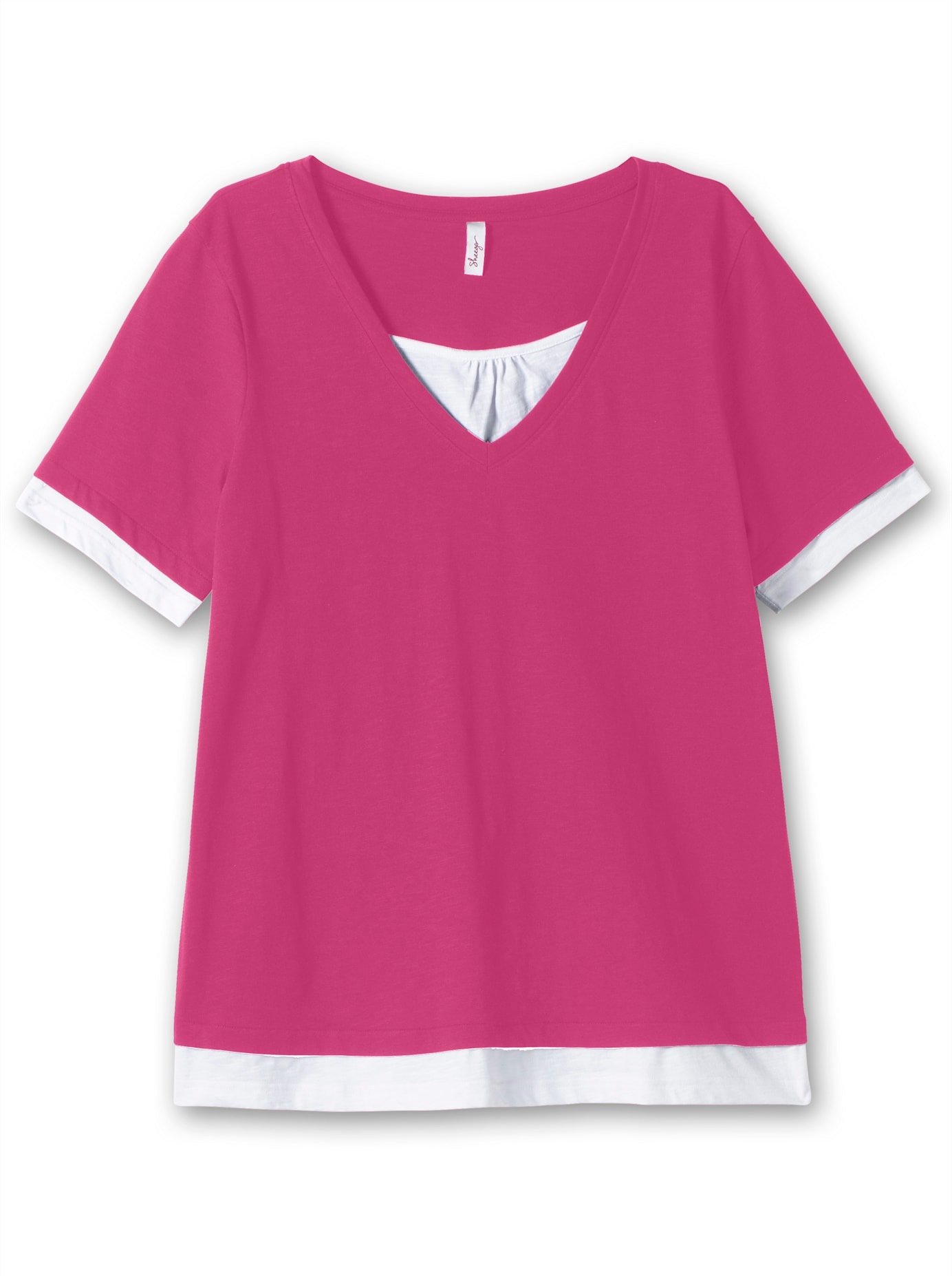 2-in-1-Shirt SHEEGO "2-in-1-Shirt", Damen, Gr. 56/58, fuchsia, weiß, 60% Baumwolle, 40% Polyester, gemustert, mehrfarbig, Rundhals, Shirts 2-in-1 Shirt 2