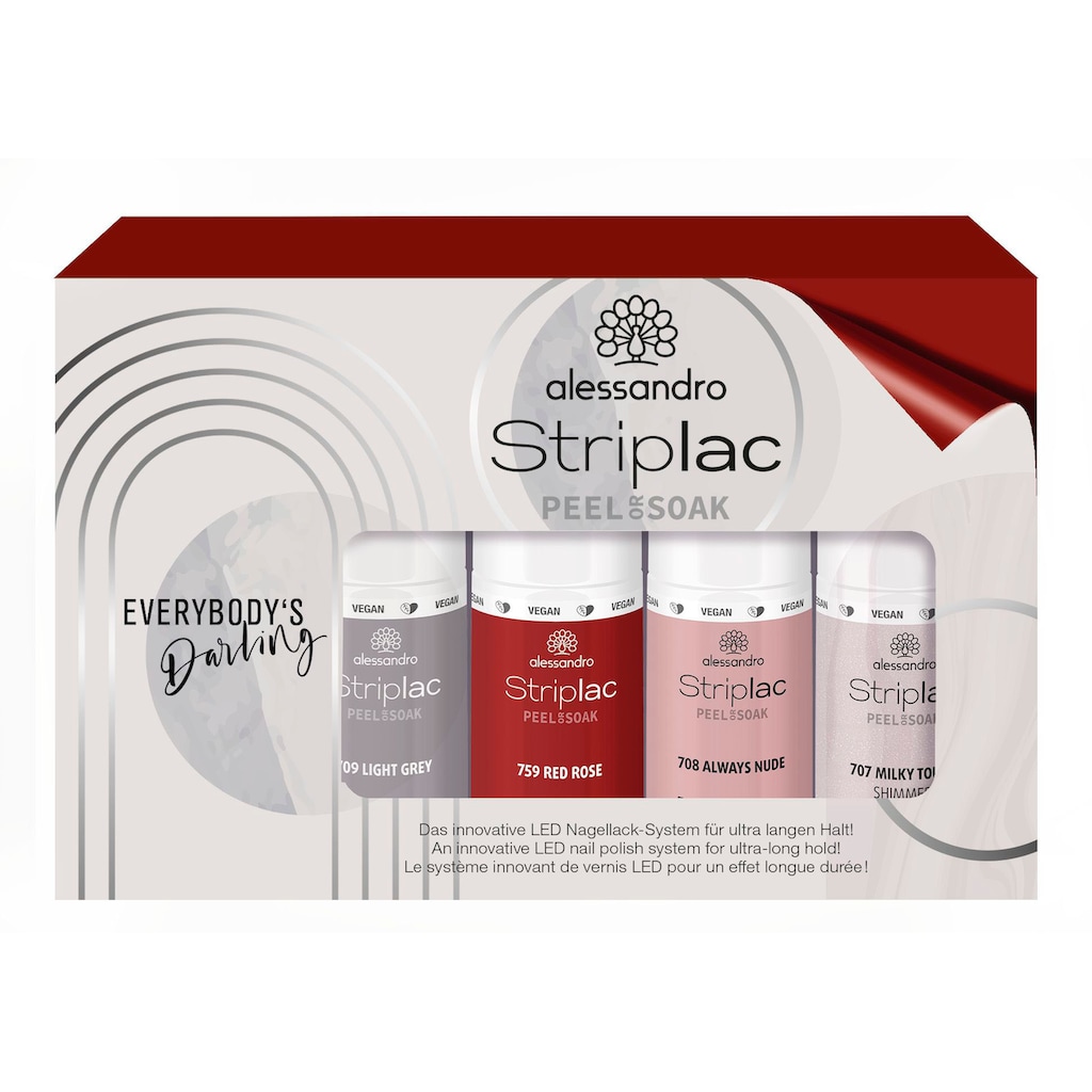 alessandro international Nagellack-Set »STRIPLAC SET EVERYBODY`S DARLING«, (Set, 4 tlg., MILKY TOUCH SHIMMER 5ML ALWAYS NUDE 5ML LIGHT GREEN 5ML RED ROSE 5ML)