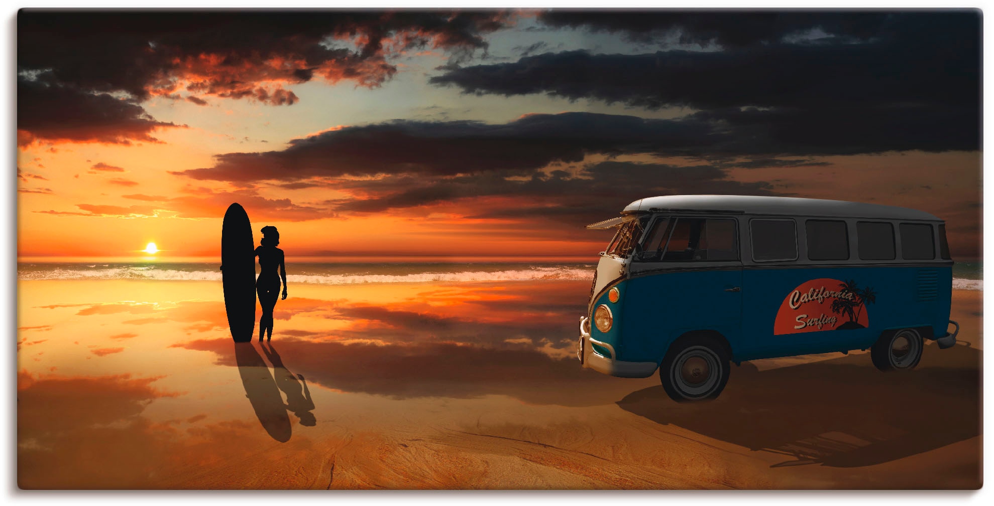Artland Wandbild "Surfen in Kalifornien mit Bulli T1", Küste, (1 St.), als Alubild, Outdoorbild, Leinwandbild, Poster, W