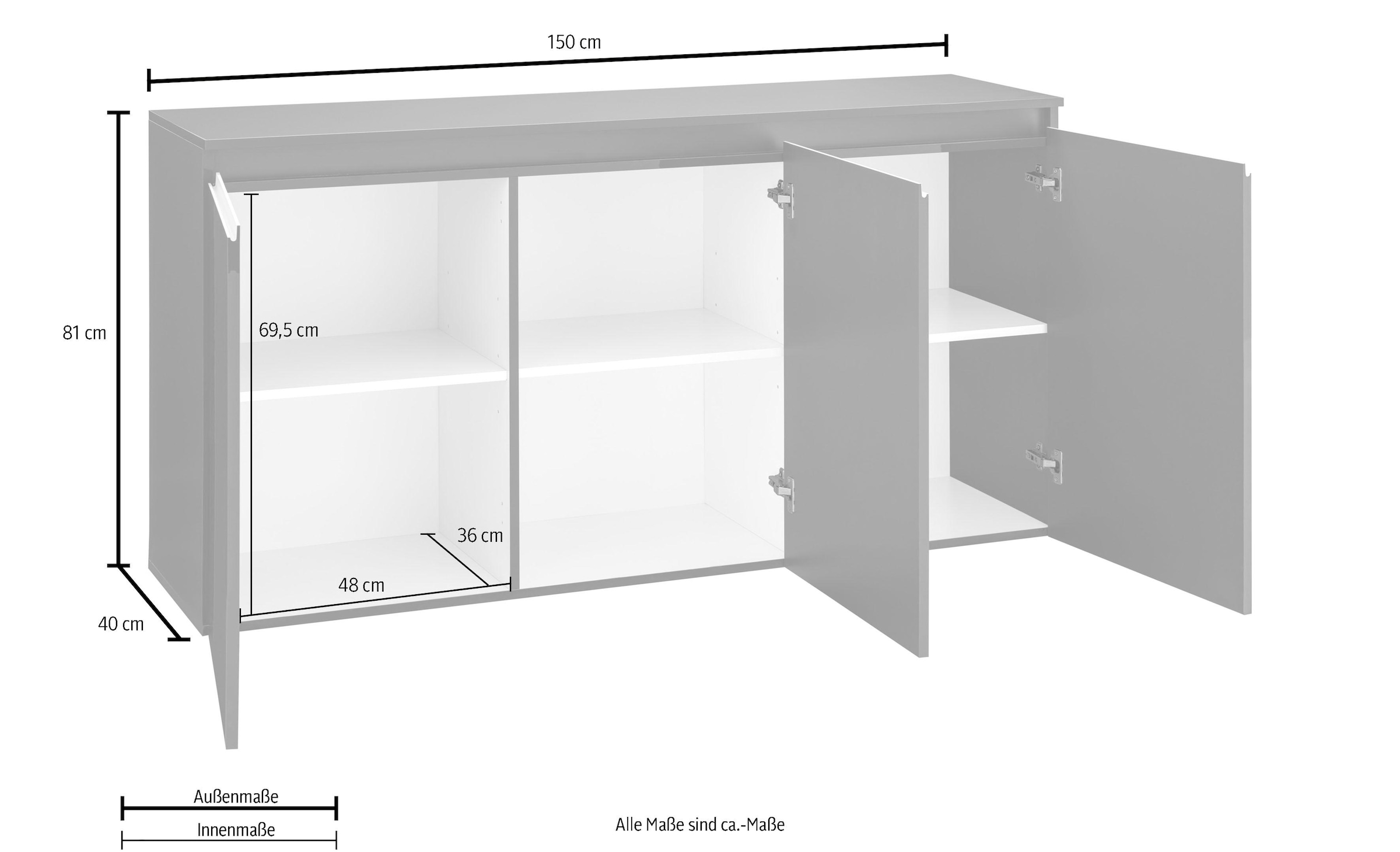 INOSIGN Kommode »Magic, Kommode, Schrank, Sideboard, Kredenz«, mit 3 Türen, Komplett Hochglanz lackiert, (B/T/H) 150x40x81 cm