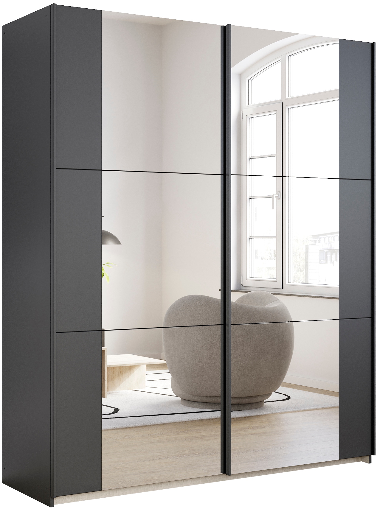 rauch Schwebetürenschrank "Kleiderschrank Drehtürenschrank Schrank Garderobe KRONACH" in 3 Ausstattungen BASIC/CLASSIC/PREMIUM, Breiten 131/175/218/261 cm, optional ohne, mit 1 oder 2 Spiegel, viel Stauraum MADE IN GERMANY