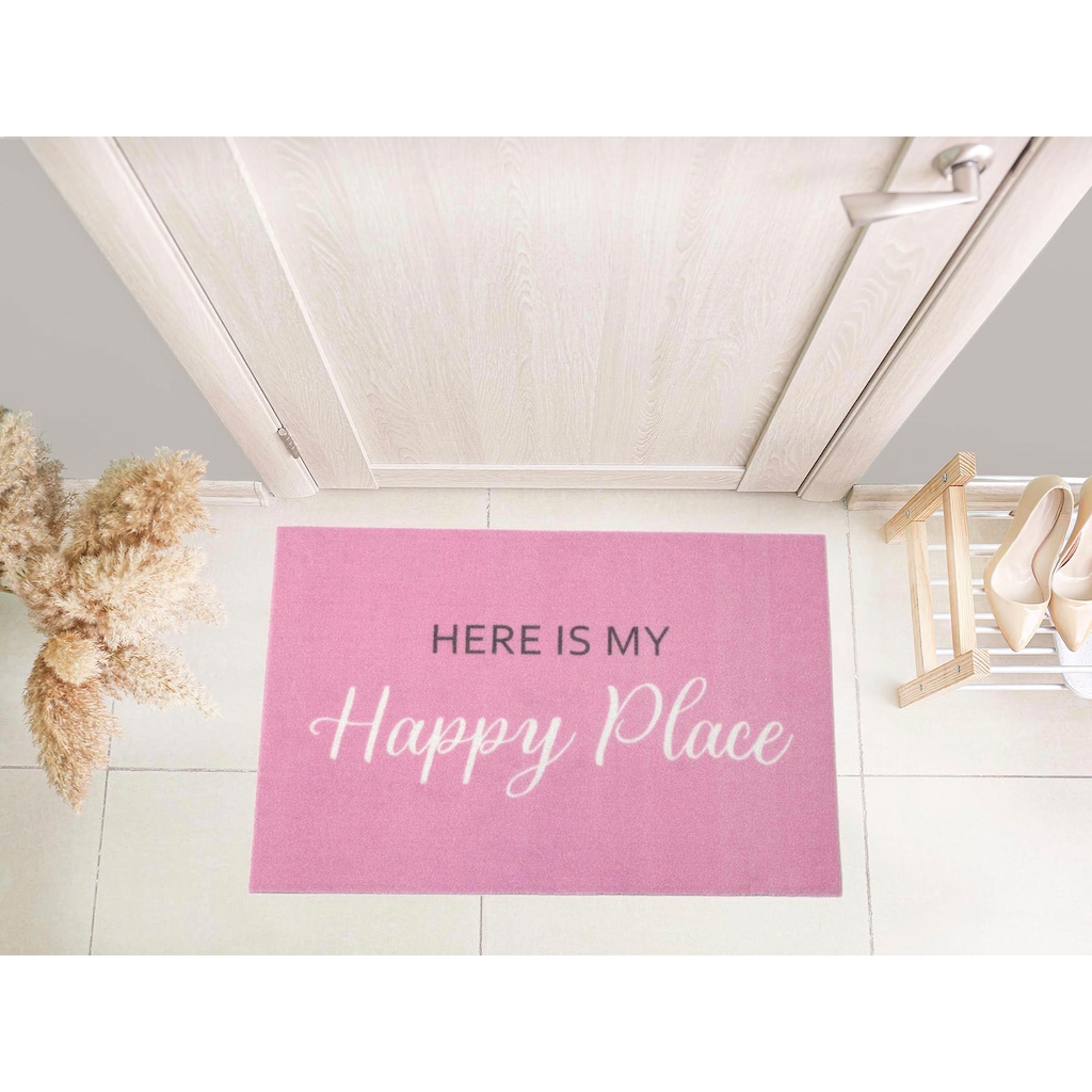 Primaflor-Ideen in Textil Fußmatte »VELVET - HAPPY PLACE«, rechteckig, Schmutzfangmatte, Motiv mit Spruch, rutschhemmend, waschbar