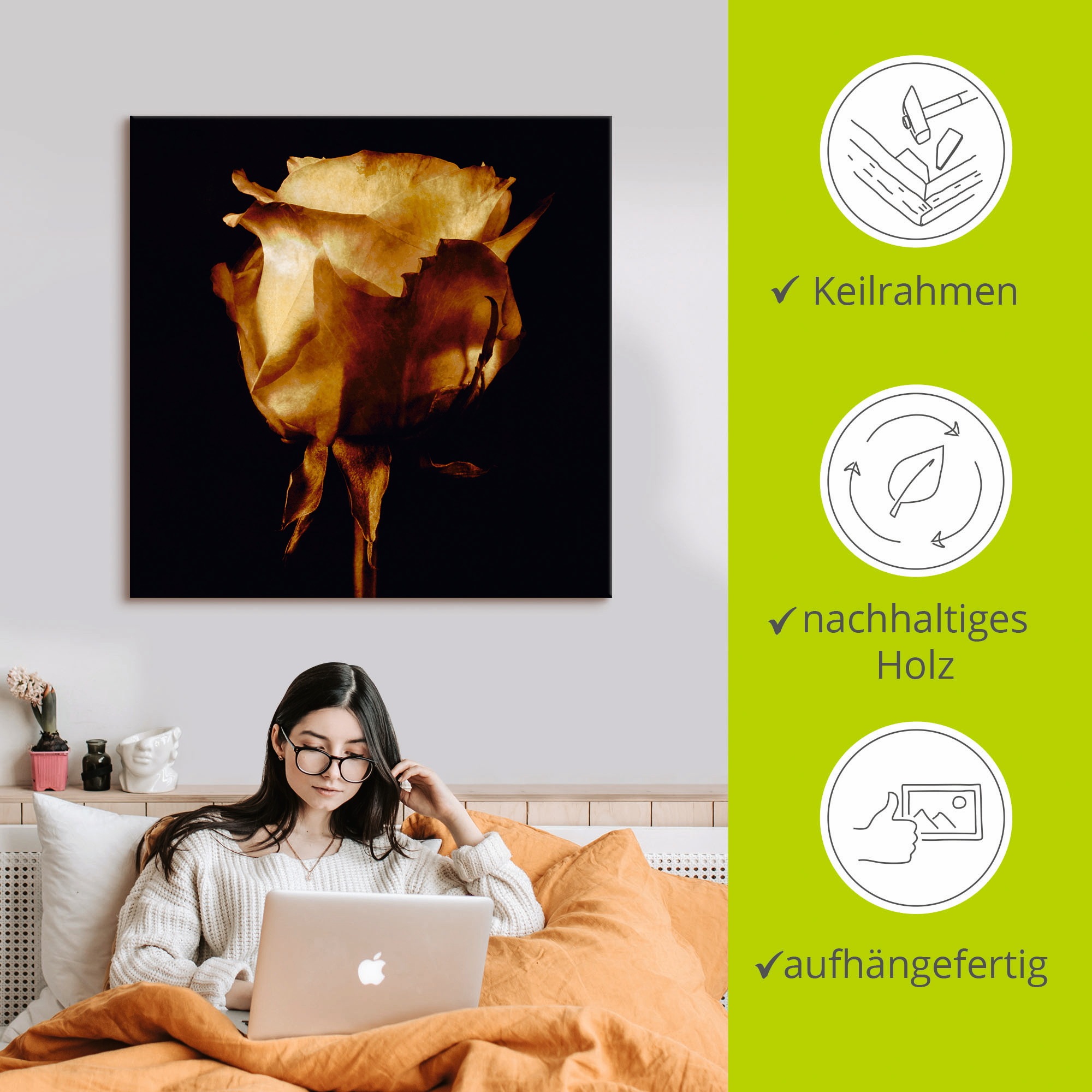 Artland »Vergoldete Rose« Blumen 1 Stk. tlg. auf Holzrahmen gespannt