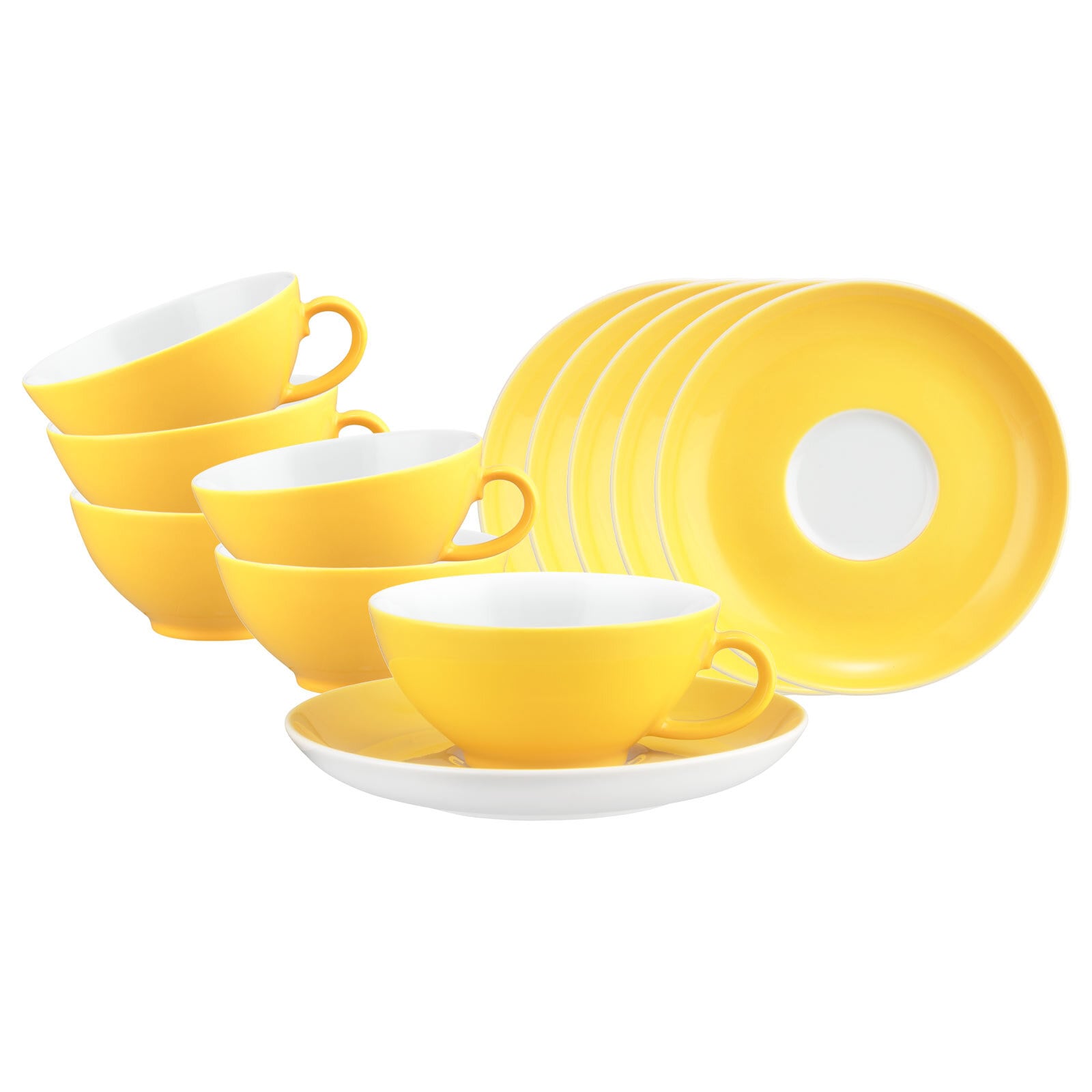 Tasse SELTMANN WEIDEN "Teetassen mit Untertassen Liberty Pure Colors 140 ml 6er Set", gelb (gelb glow), B:13cm H:6,3cm Ø:13cm, Porzellan, Trinkgefäße, Tasse, Spülmaschinenfest, Mikrowellensicher, Ofenfest