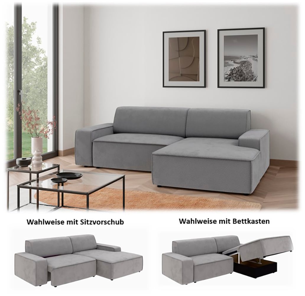 TRENDMANUFAKTUR Ecksofa »Graz, wahlweise mit Sitzvorschub und Bettkasten, L-Form, Breite 246 cm«, in Cord-, haustierfreundlichem LEO Struktur- oder LUMOS-3D-Bezug