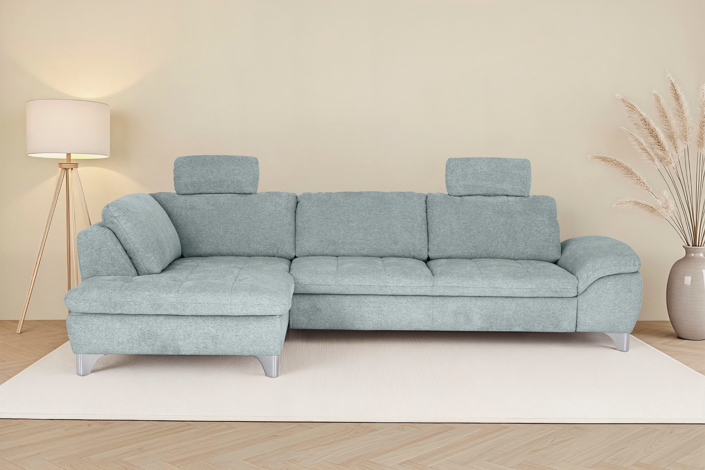 Die PlanBar Ecksofa "Ottomane MP-IN14007 L-Form, Breite 306 cm" wahlweise mit Schlaffunktion und verstellbaren Kopfstützen