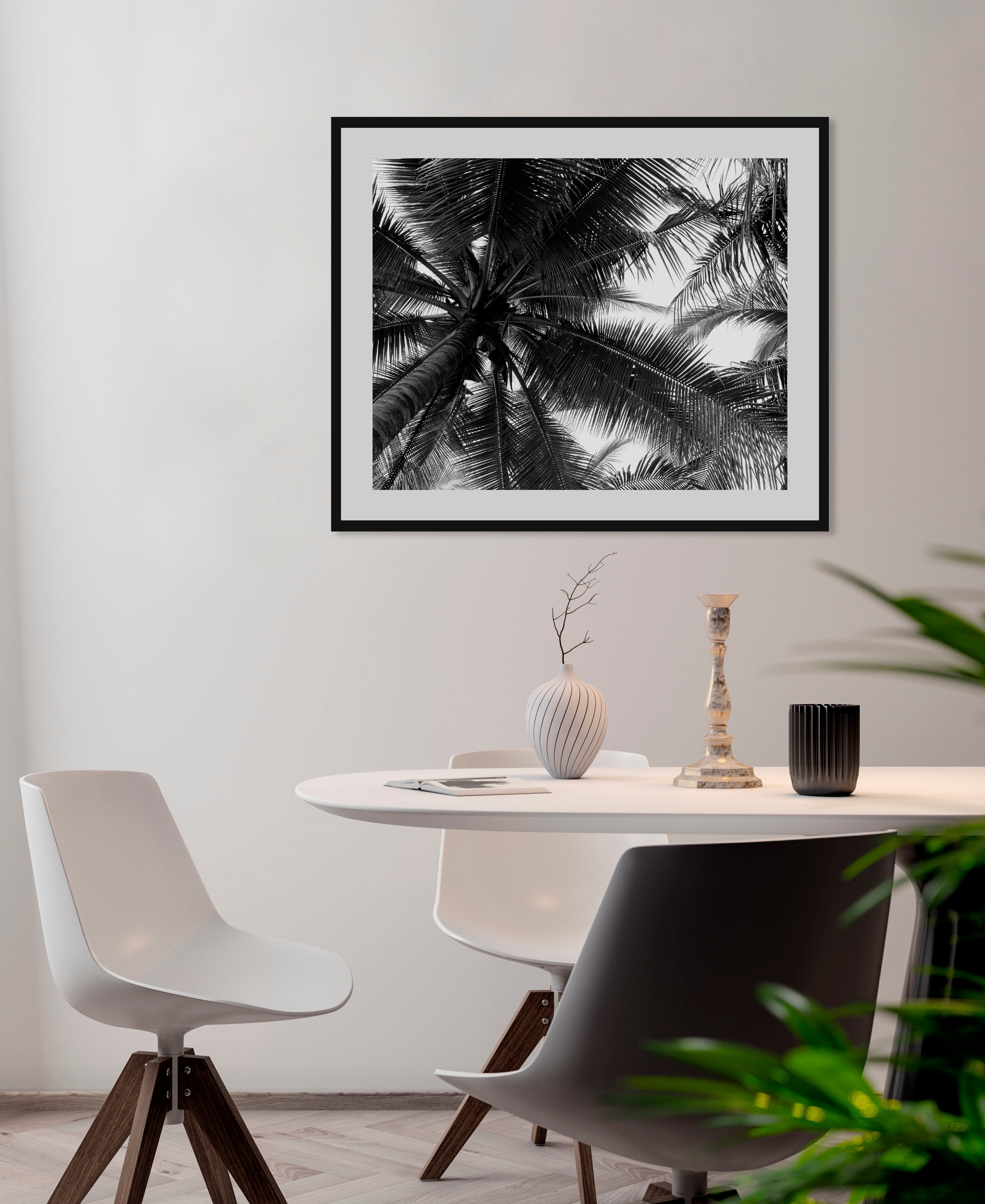 queence Bild »Mary«, Palmen-Pflanzen-Pflanzenbilder-Himmel-Schwarz-Weiß-Foto, (1 St.), HD Premium Poster-Druck inkl. Holzrahmen