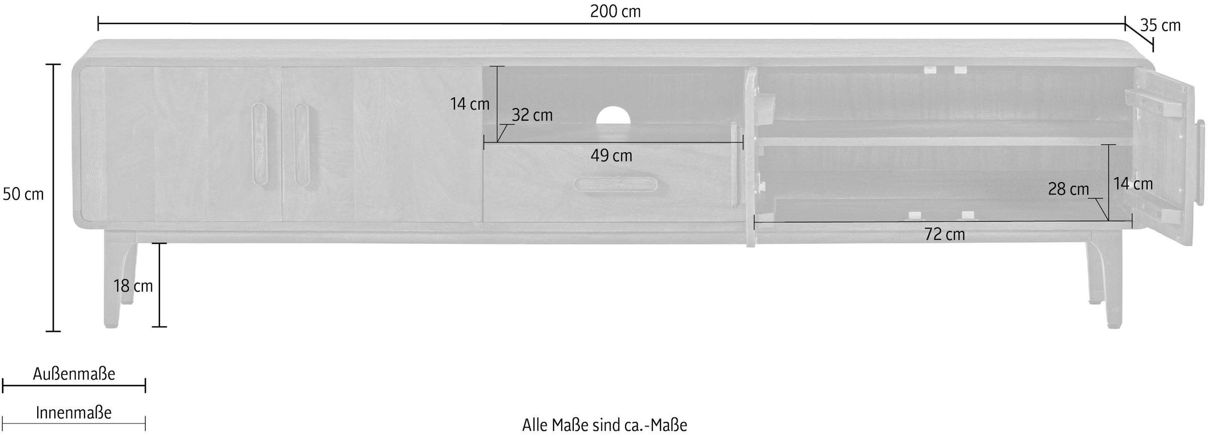 WOOOD Lowboard »Liya mit Massivmangoholz und abgerundeten Ecken« Massivmangoholz, Tragkraft 70 kg, sichtbare Holzmaserung