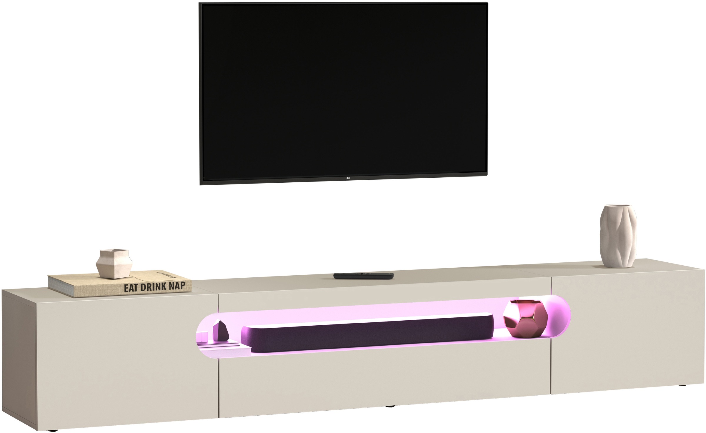 Home affaire Lowboard "REAL TV-Möbel, 240 cm breit, 40/60 cm hoch, Hochglanz oder matt" mit 2 abgerundeten Türen, 1 Klappe, die ein ovales offenes Fach bilden