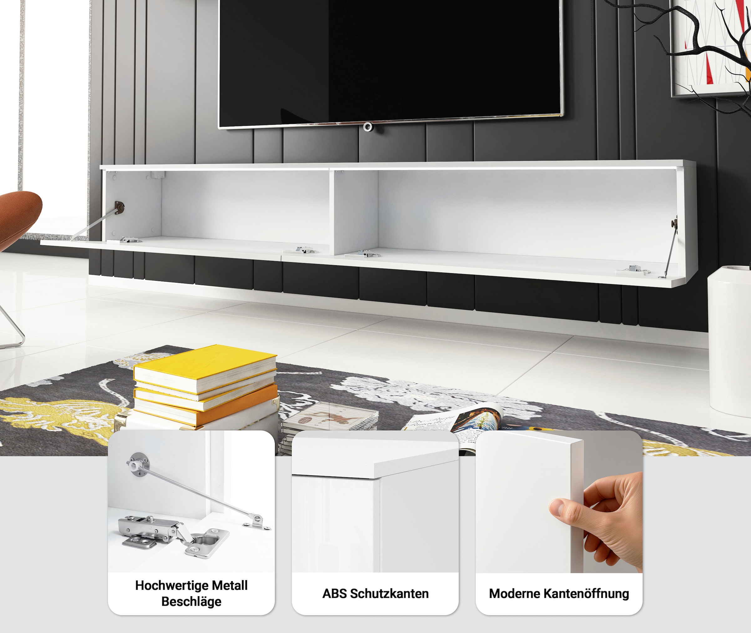 INOSIGN Lowboard »LOWBOARD VERA, wahlweise mit oder ohne Beleuchtung«, Modernes griffloses TV-Board, 180 cm TV-Schrank, stehend und hängend