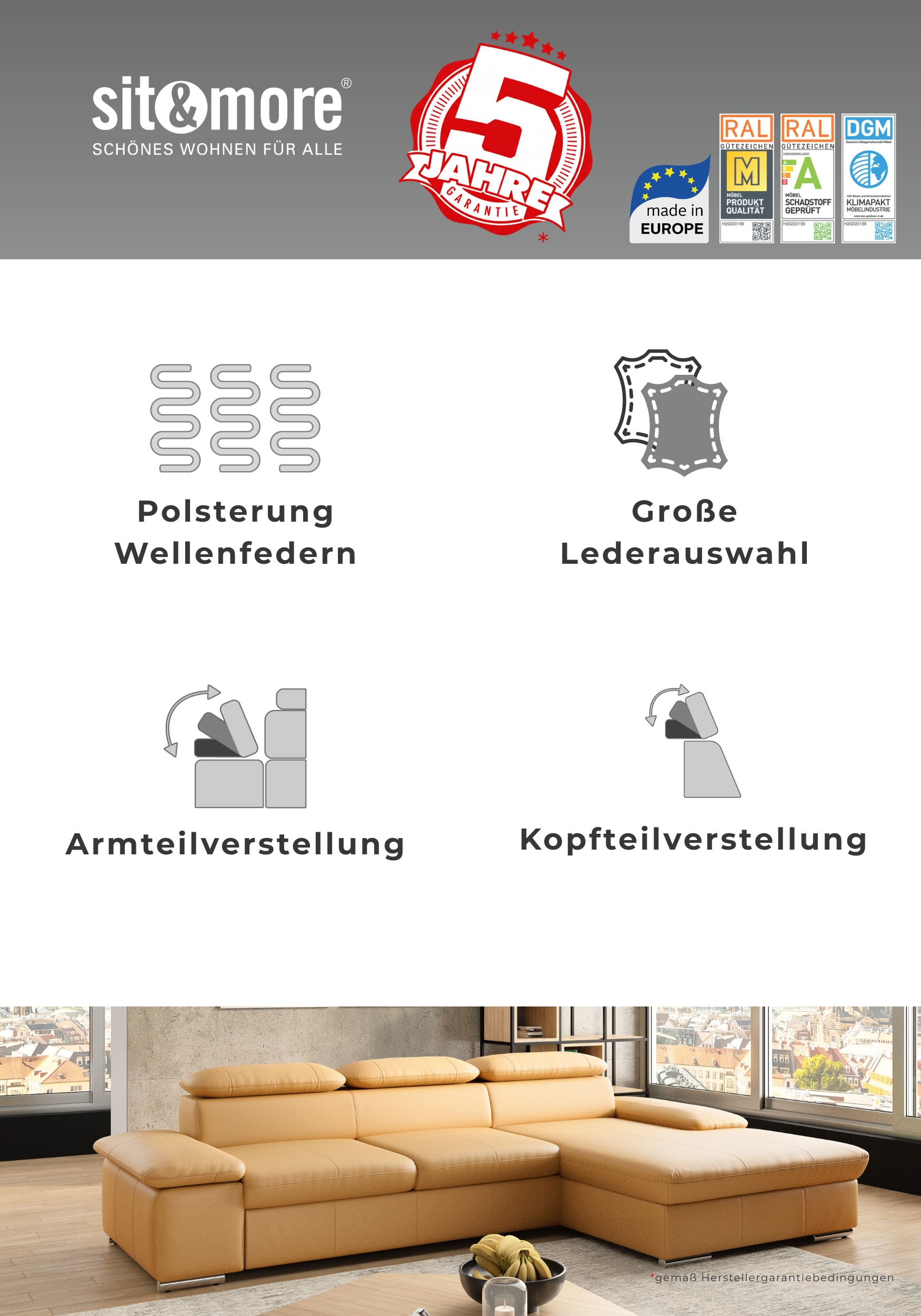 sit&more Ecksofa »Valantine L-Form, B: 272 cm« mit Arm- & Kopfteilverstellung, optional mit Schlaffunktion
