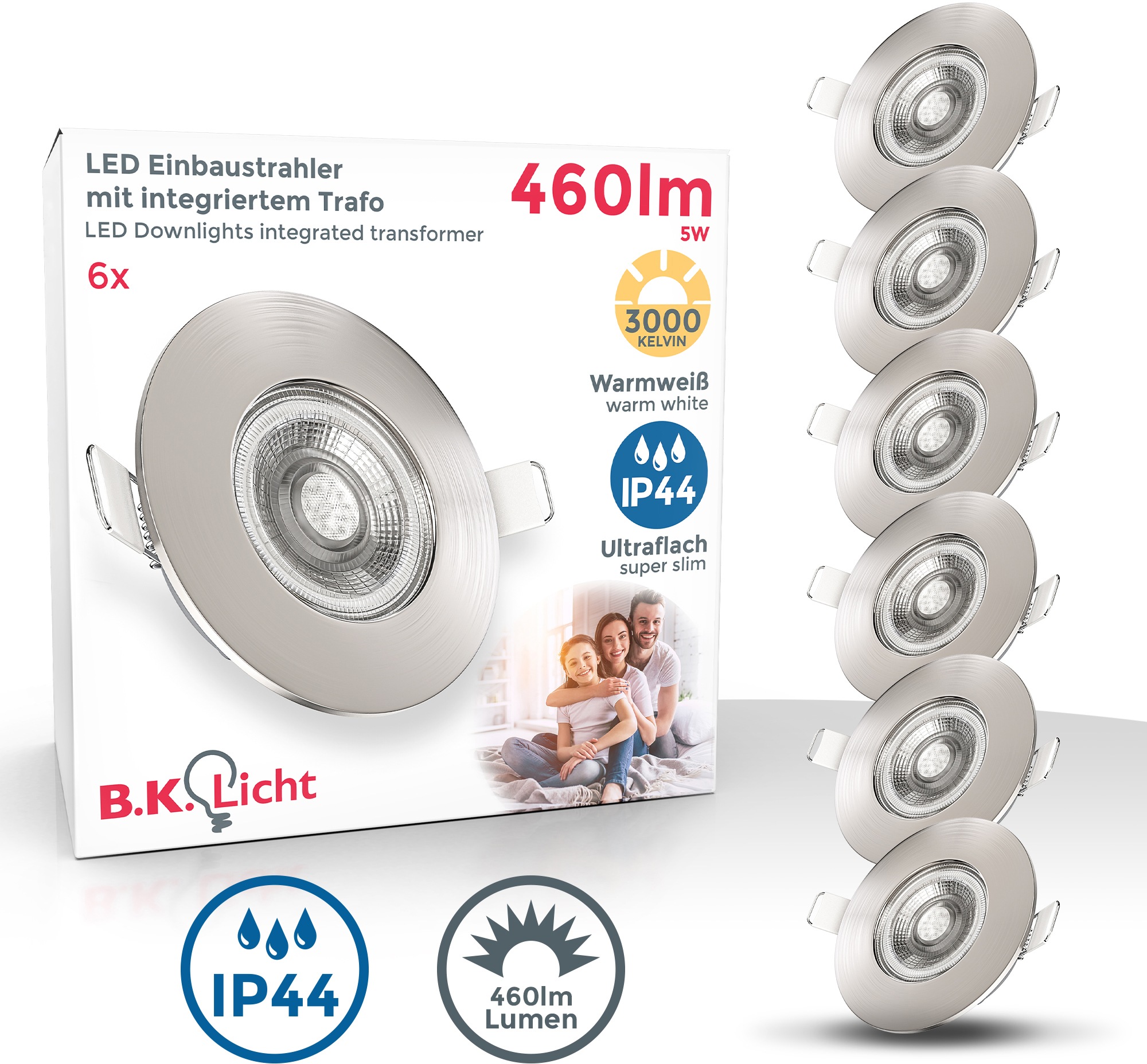 B.K.Licht LED Einbauleuchte, LED-Board, 6 St., Warmweiß, LED Bad Einbauspots Strahler Lampe ultraflach Deckenspots IP44 6er SET