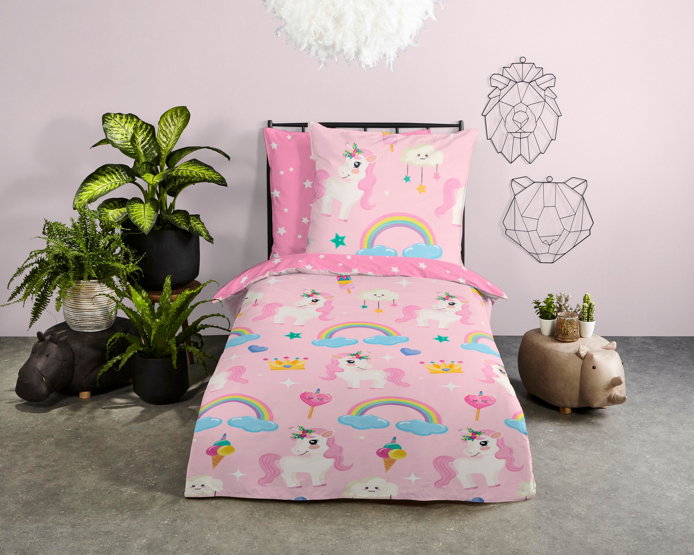 good morning Kinderbettwäsche »Uniloves«, Baumwolle, 135x200, Reißverschluss, Wendeoptik, Einhorn, Mädchen, Rosa